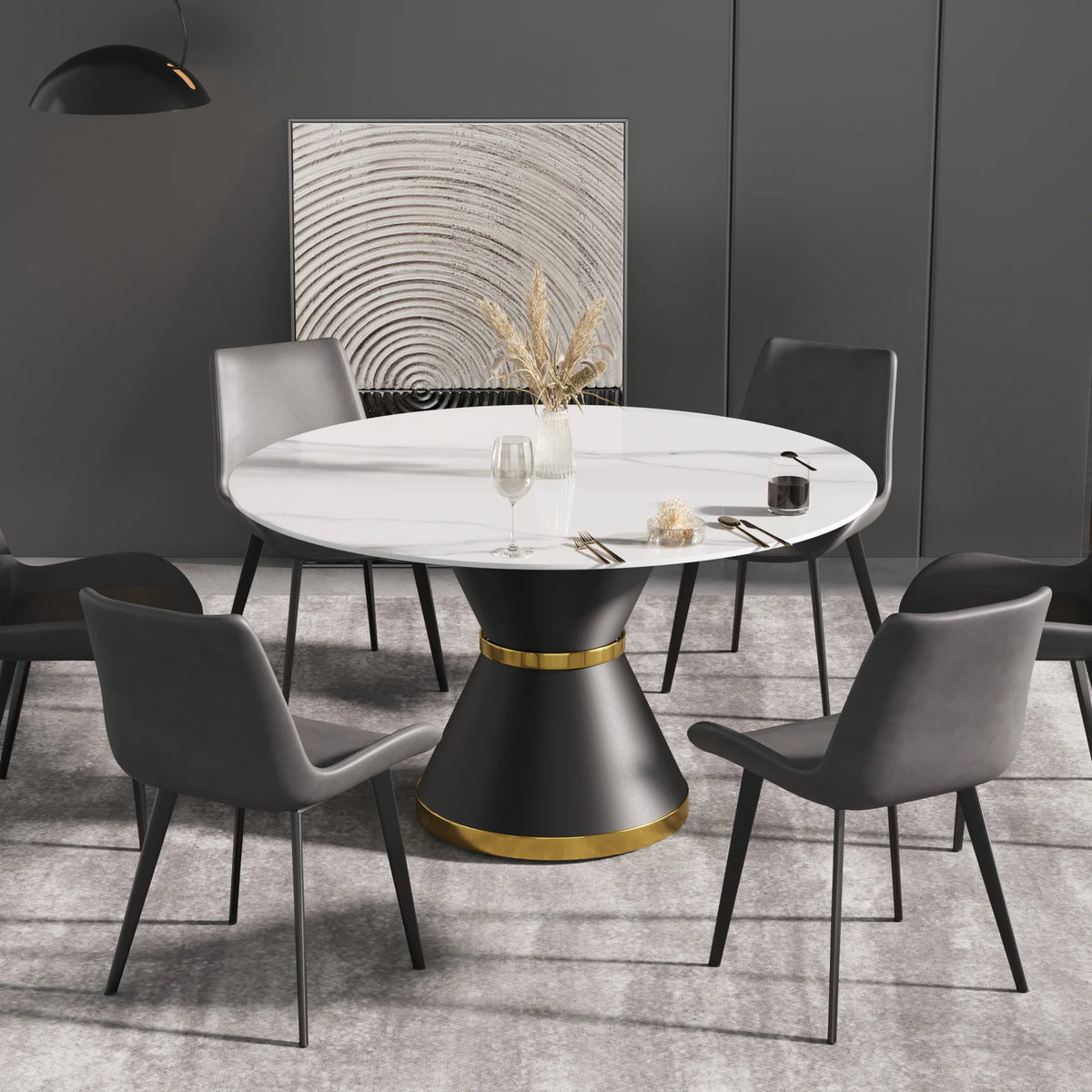 Mesa de comedor Marbella de piedra sinterizada | Redonda de 135 cm (53") en blanco brillante con base metálica