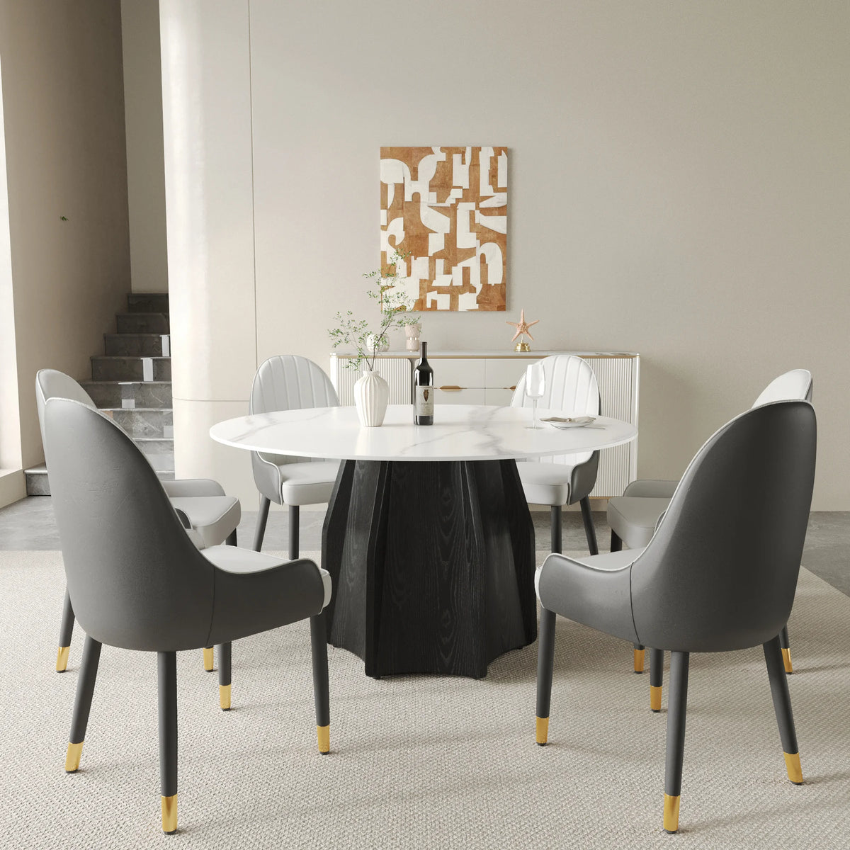 Marbella Sintered Stone Dining Table | 53" White Gloss Round With Metal Base