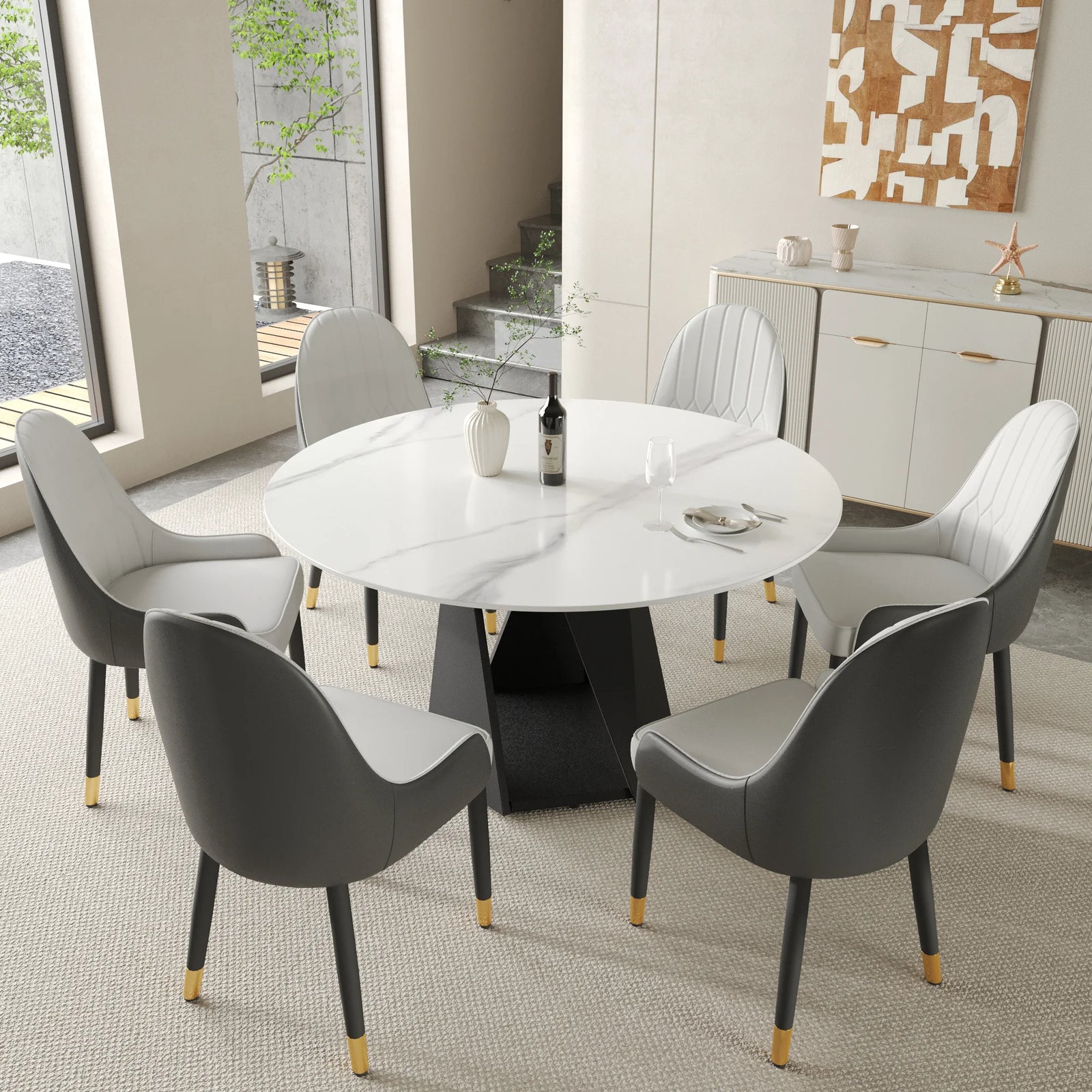 Mesa de comedor Marbella de piedra sinterizada | Redonda de 135 cm (53") en blanco brillante con base metálica