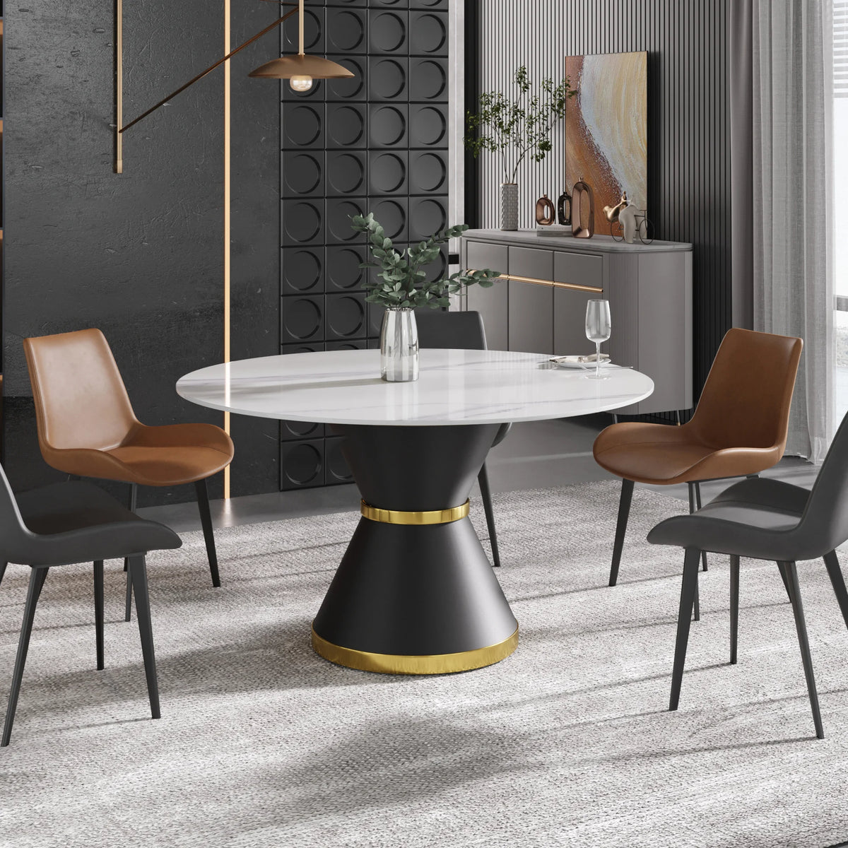 Mesa de comedor Marbella de piedra sinterizada | Redonda de 135 cm (53") en blanco brillante con base metálica