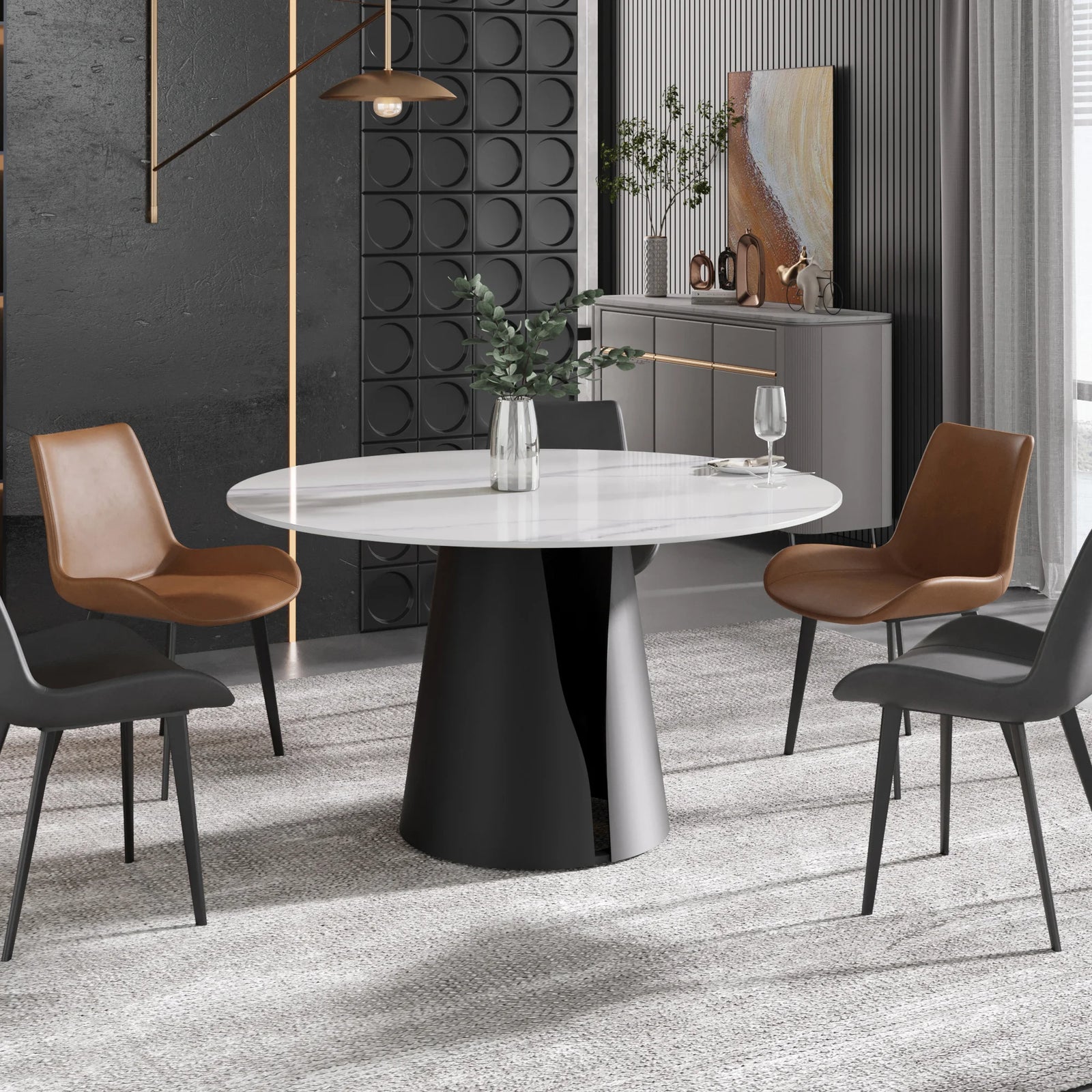 Mesa de comedor Marbella de piedra sinterizada | Redonda de 135 cm (53") en blanco brillante con base metálica