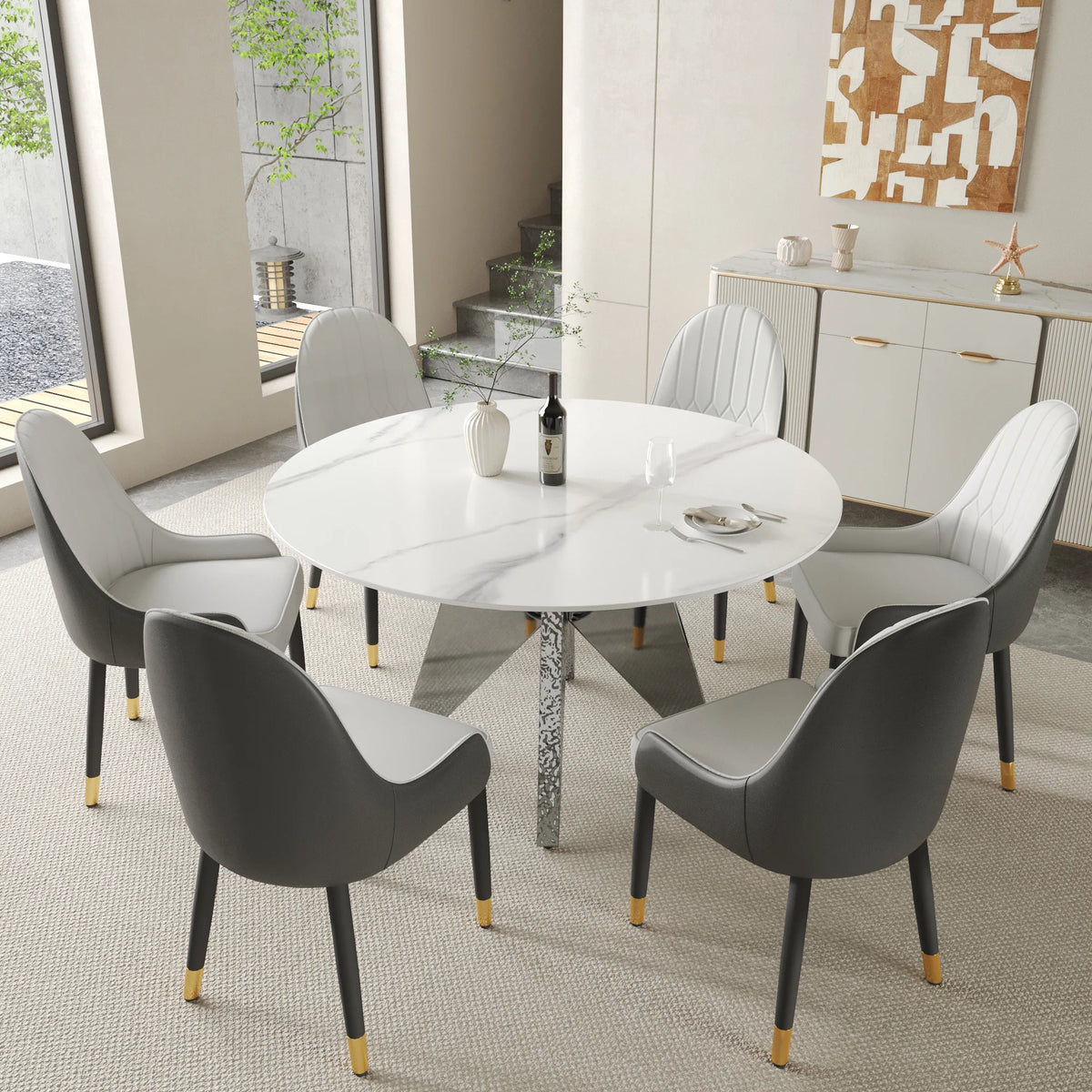 Marbella Sintered Stone Dining Table | 53" White Gloss Round With Metal Base