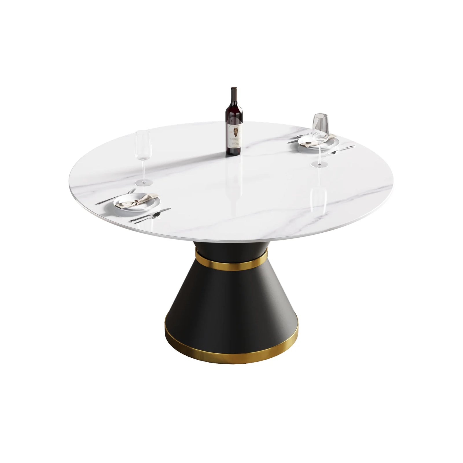 Mesa de comedor Marbella de piedra sinterizada | Redonda de 135 cm (53") en blanco brillante con base metálica