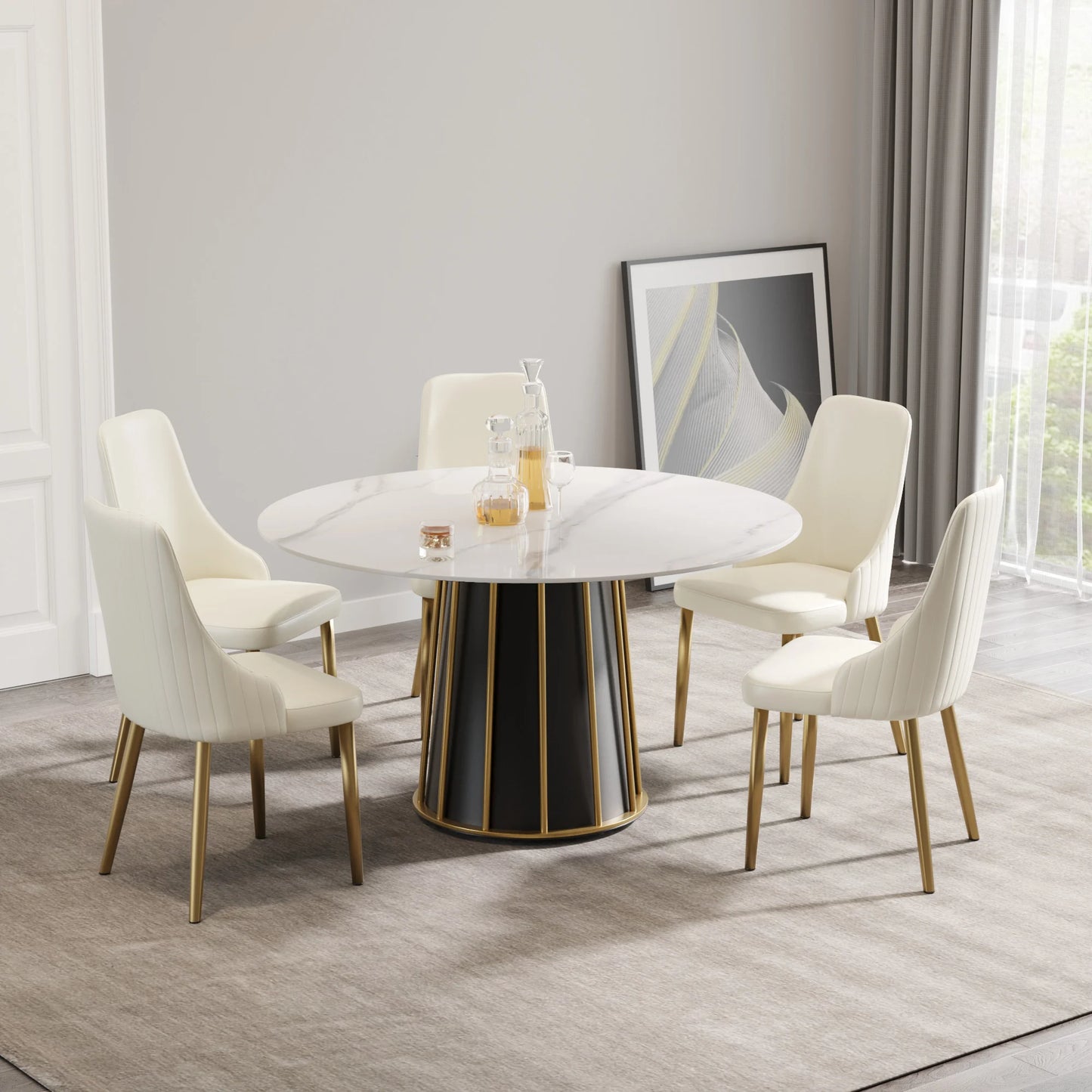 Marbella Sintered Stone Dining Table | 53" White Gloss Round With Metal Base