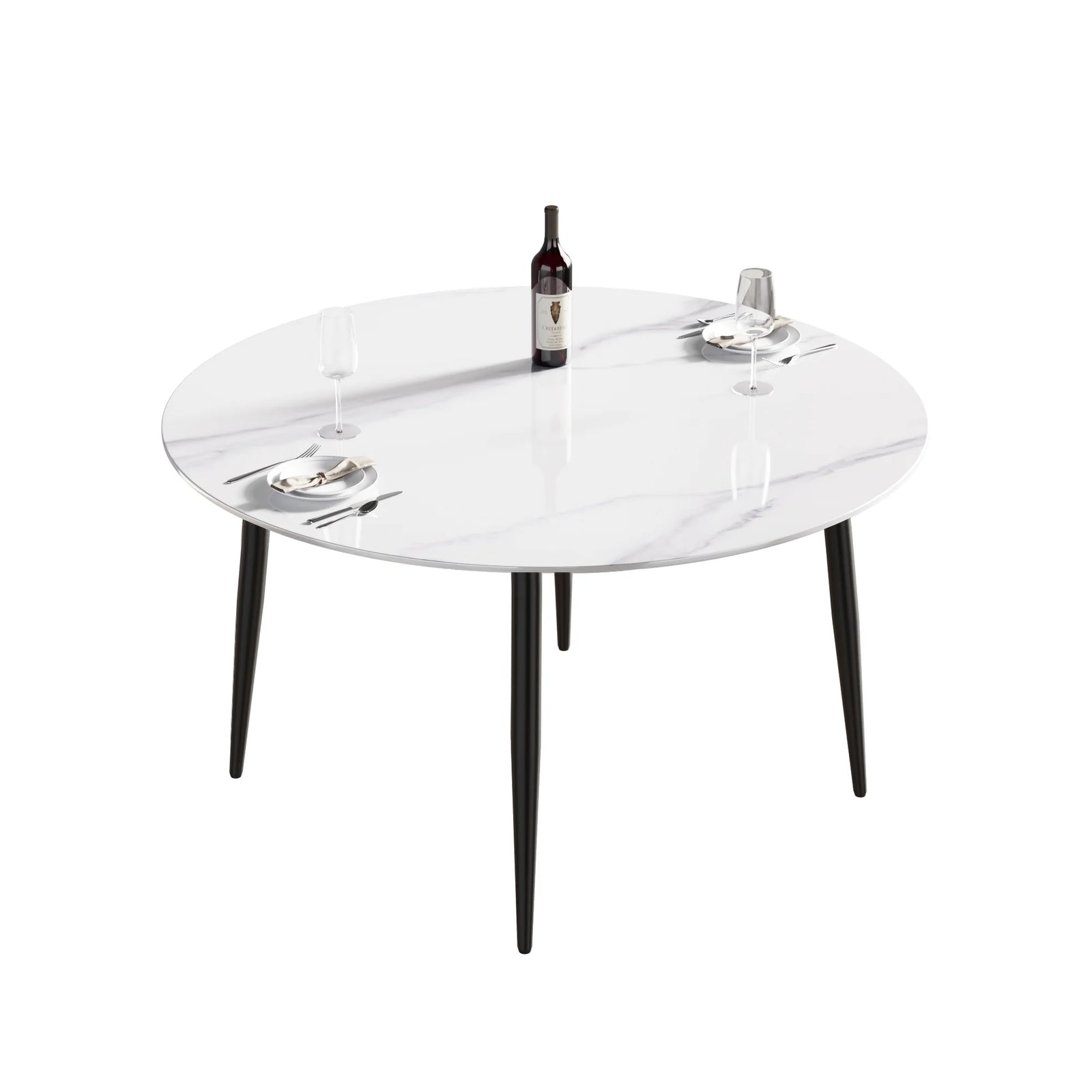 Mesa de comedor Marbella de piedra sinterizada | Redonda de 135 cm (53") en blanco brillante con base metálica