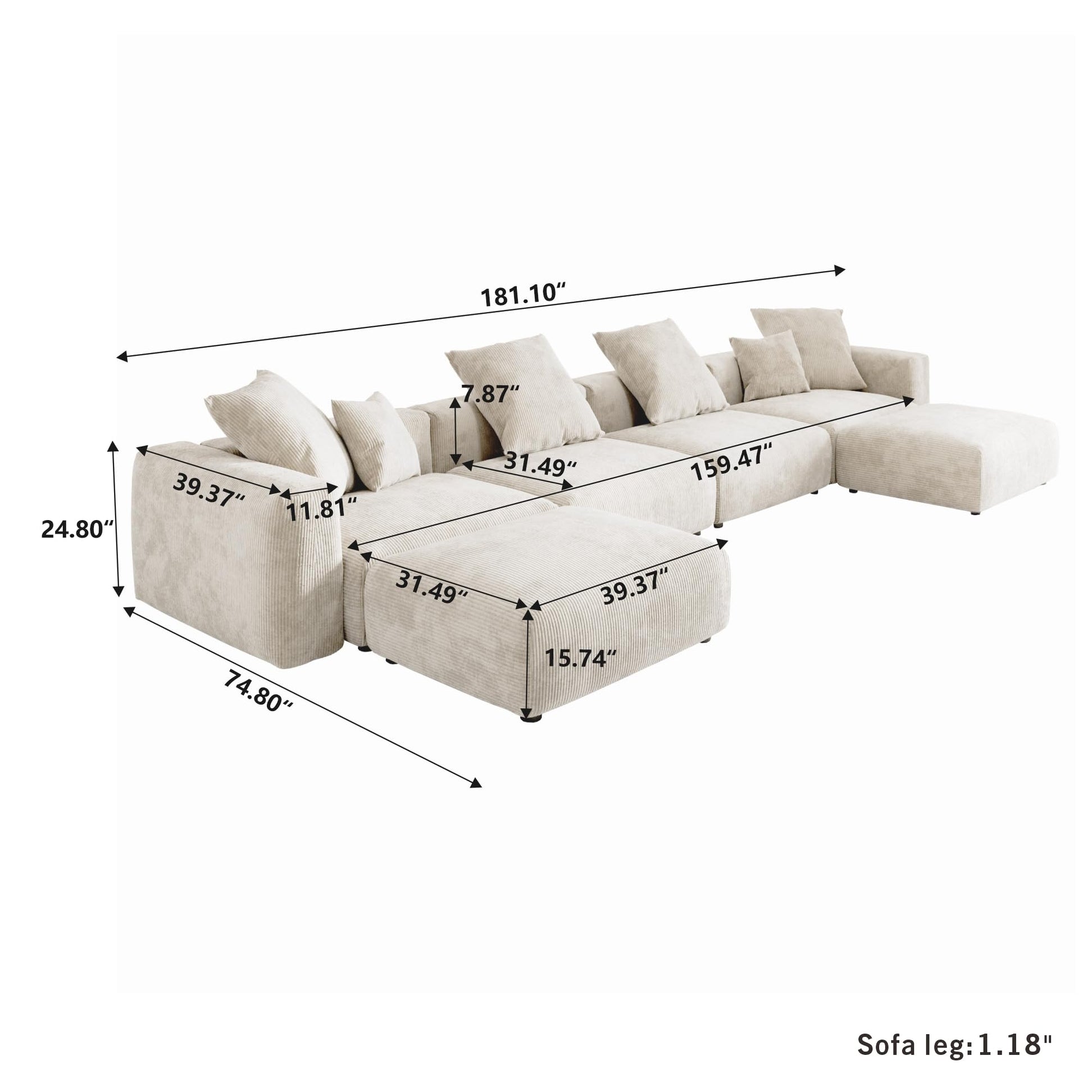 Modular Sectional Couch Sofa with 4 Pillows, 102" L Shaped Sofa Couch with Chaise Ottomans,Corduroy Fabric Couches (Beige)