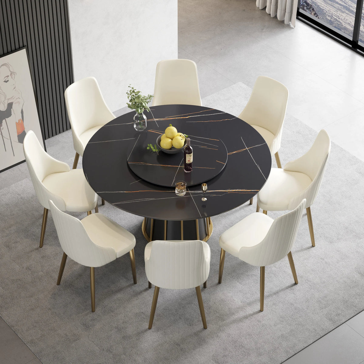 Marbella Sintered Stone Dining Table | 59" Matte Black Round With Lazy Susan Turntable