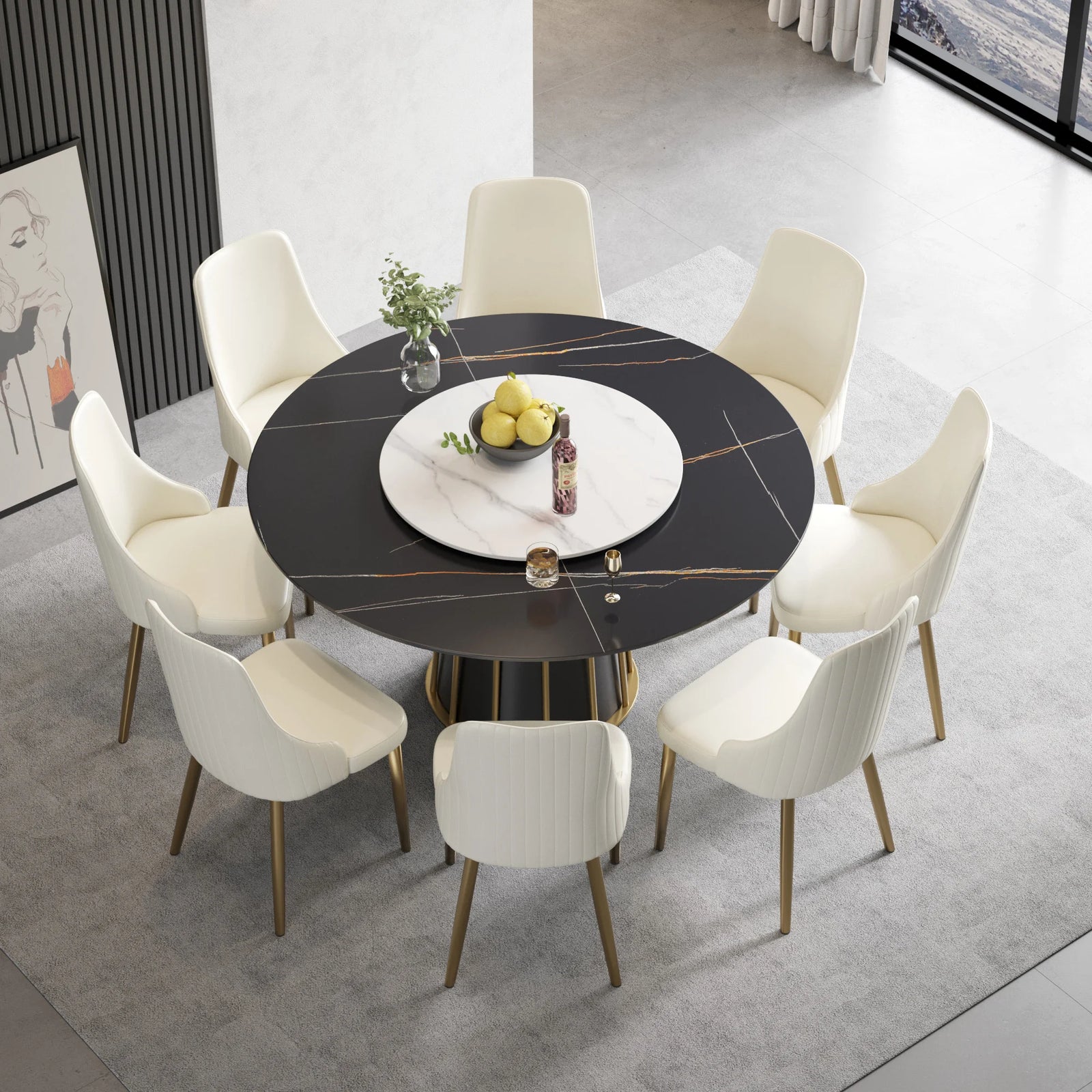 Mesa de comedor Marbella de piedra sinterizada | Redonda de 150 cm (59") en negro mate con plato giratorio Lazy Susan