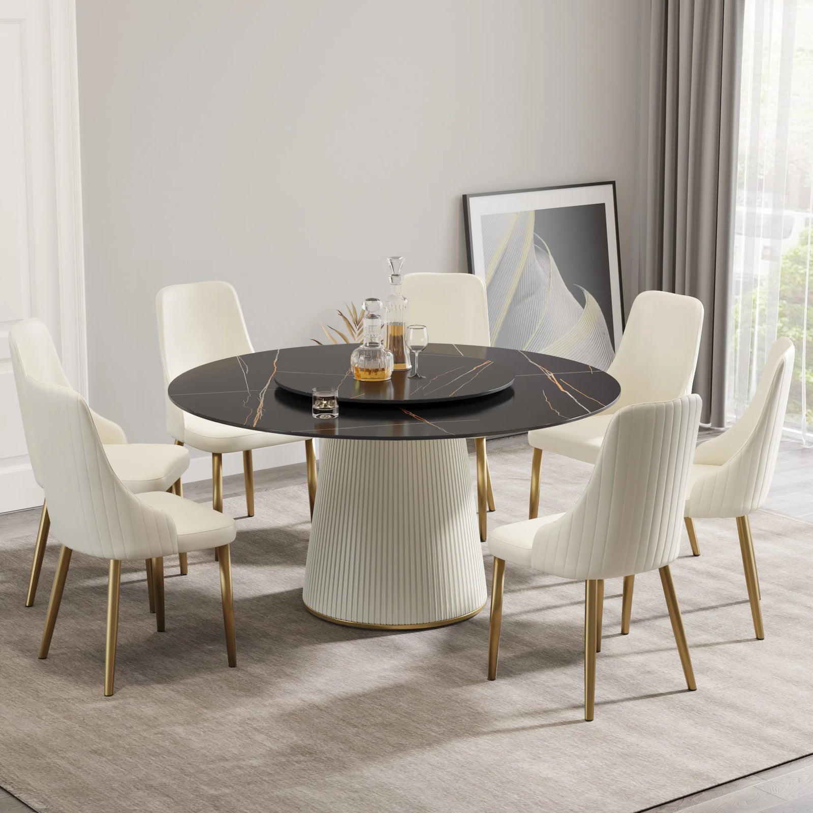 Marbella Sintered Stone Dining Table | 59" Matte Black Round With Lazy Susan Turntable