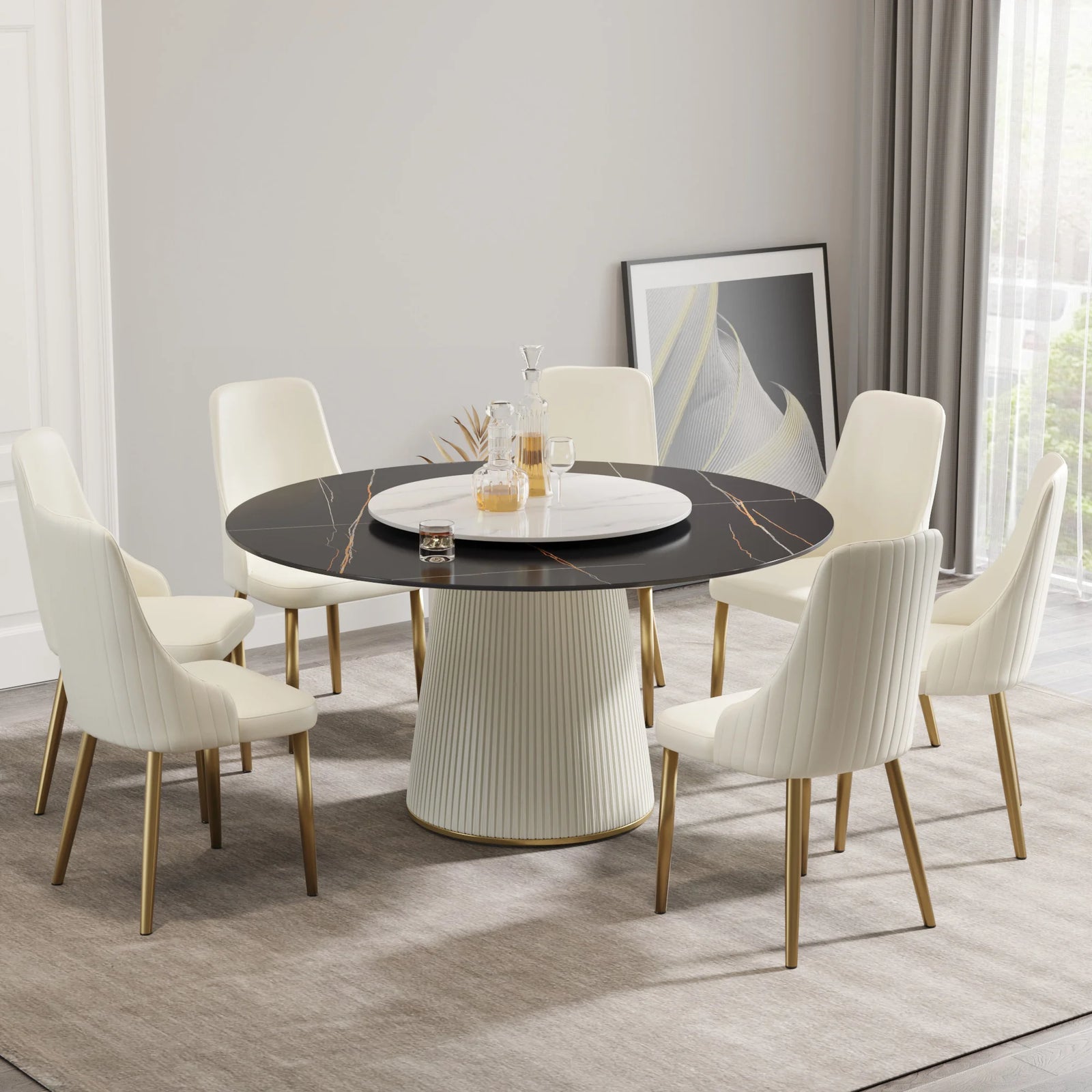 Mesa de comedor Marbella de piedra sinterizada | Redonda de 150 cm (59") en negro mate con plato giratorio Lazy Susan