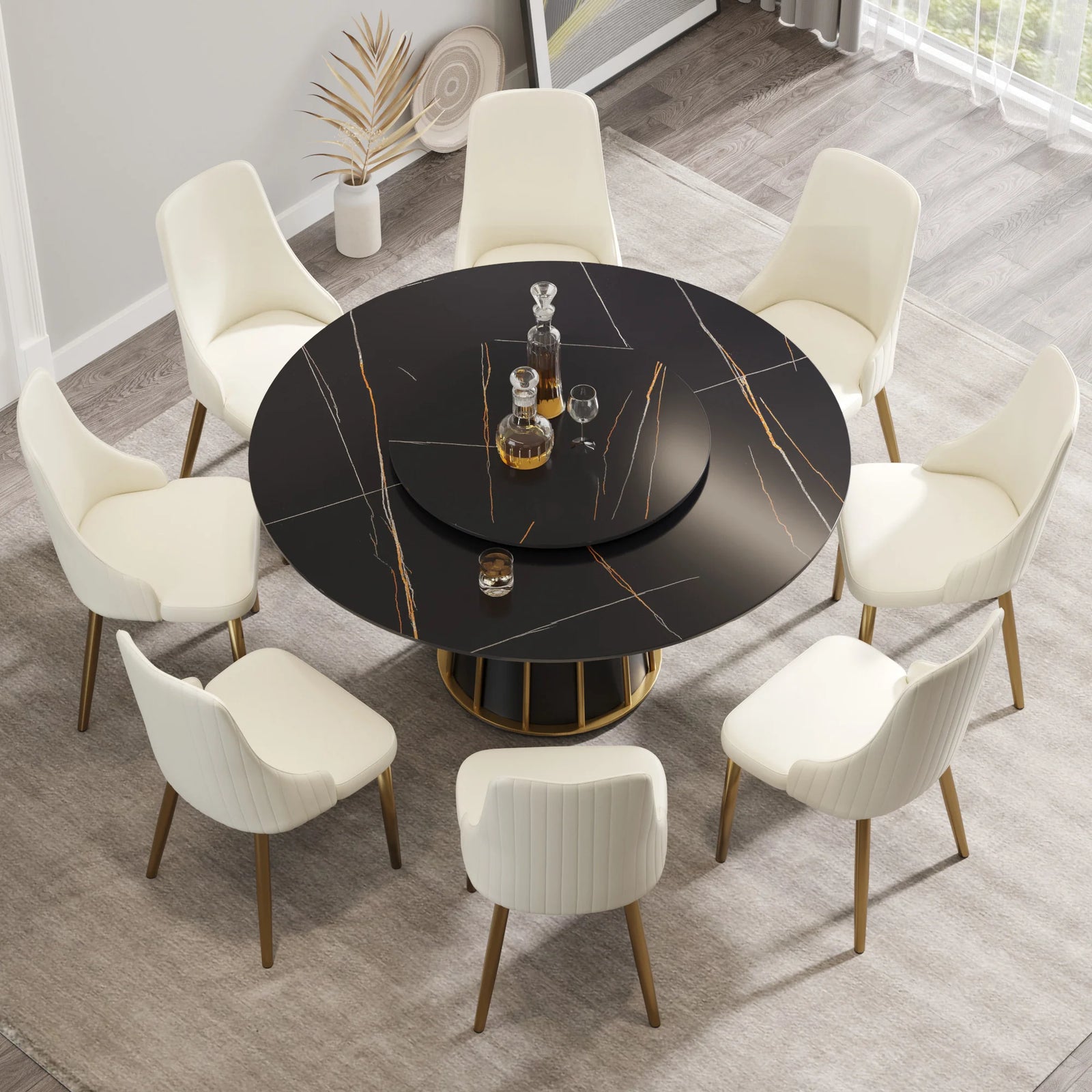 Marbella Sintered Stone Dining Table | 59" Matte Black Round With Lazy Susan Turntable