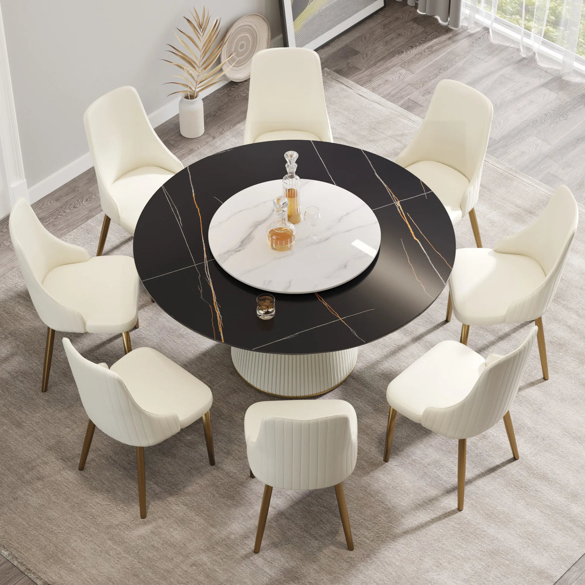 Marbella Sintered Stone Dining Table | 59" Matte Black Round With Lazy Susan Turntable