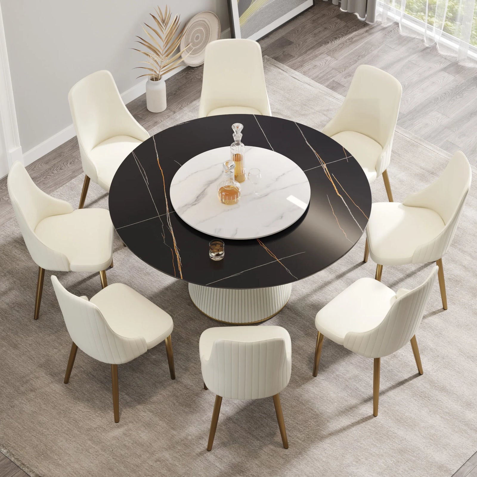 Mesa de comedor Marbella de piedra sinterizada | Redonda de 150 cm (59") en negro mate con plato giratorio Lazy Susan