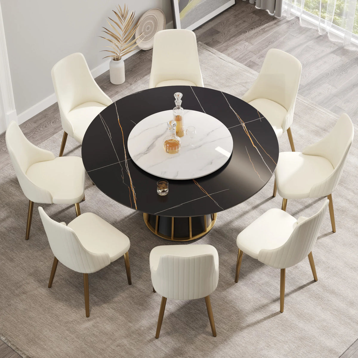 Marbella Sintered Stone Dining Table | 59" Matte Black Round With Lazy Susan Turntable