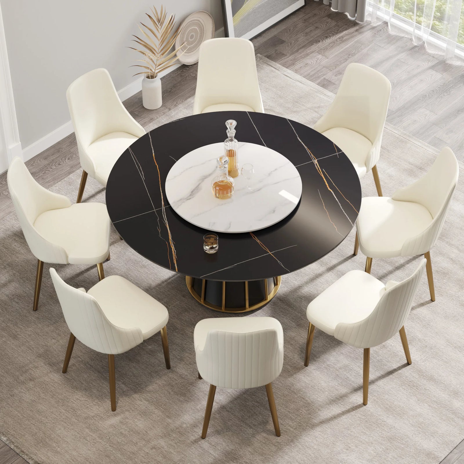 Mesa de comedor Marbella de piedra sinterizada | Redonda de 150 cm (59") en negro mate con plato giratorio Lazy Susan