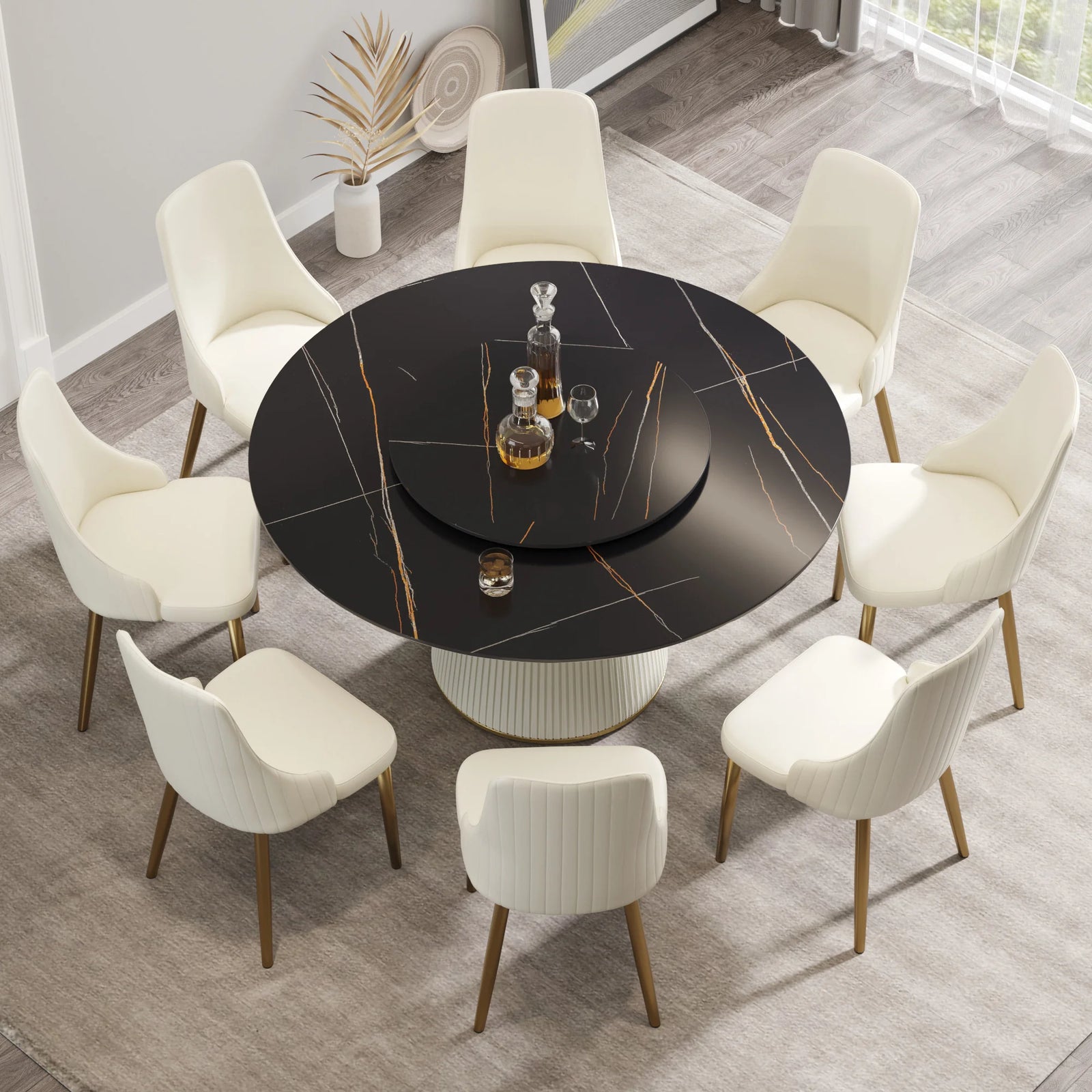 Marbella Sintered Stone Dining Table | 59" Matte Black Round With Lazy Susan Turntable