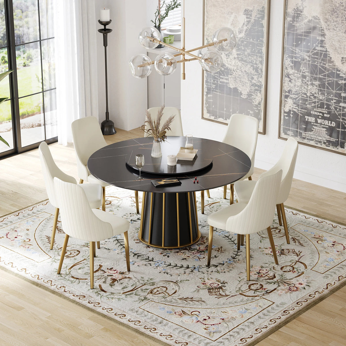Marbella Sintered Stone Dining Table | 59" Matte Black Round With Lazy Susan Turntable