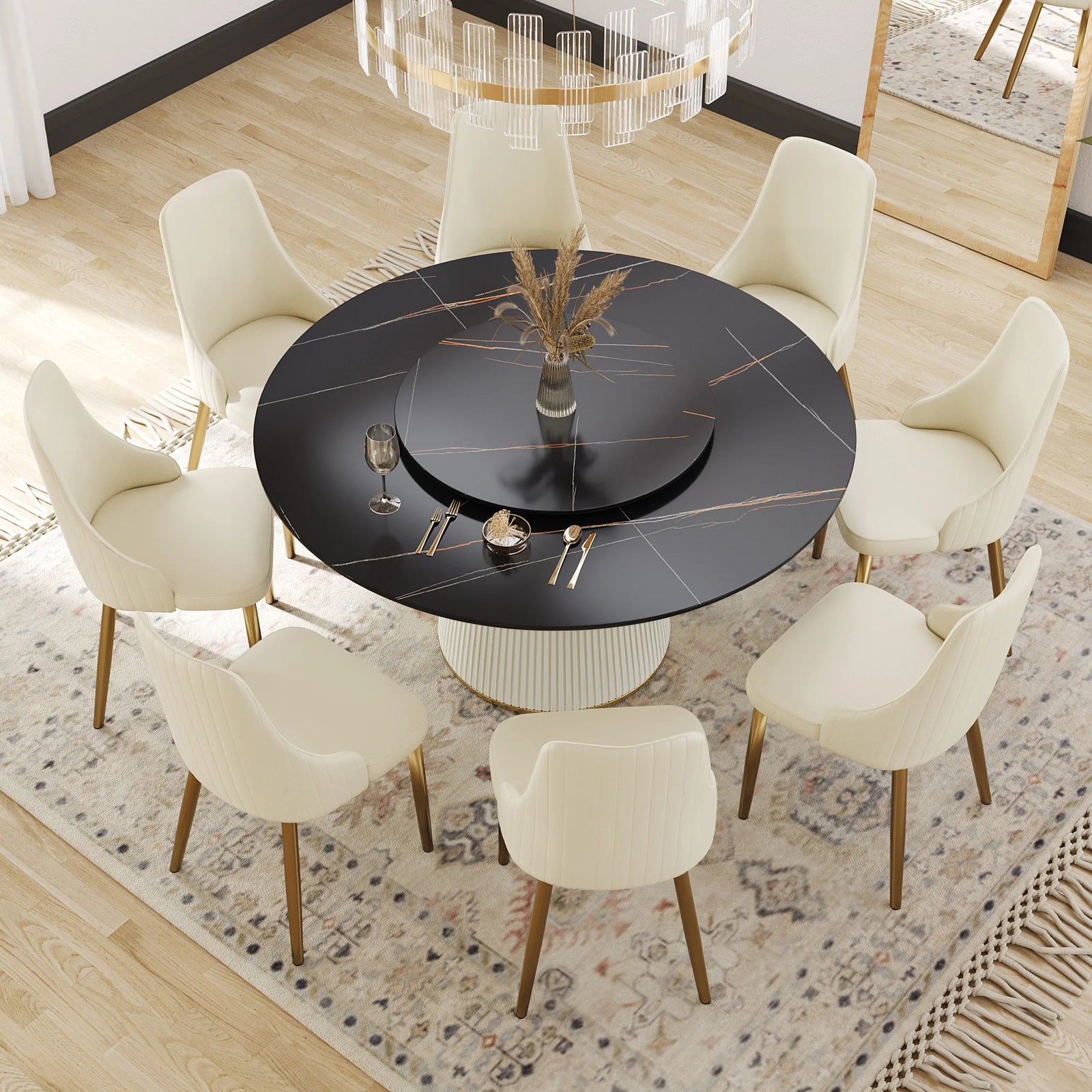 Marbella Sintered Stone Dining Table | 59" Matte Black Round With Lazy Susan Turntable