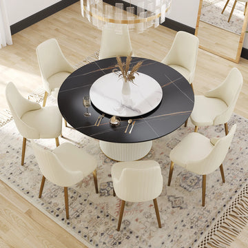 Mesa de comedor Marbella de piedra sinterizada | Redonda de 150 cm (59") en negro mate con plato giratorio Lazy Susan