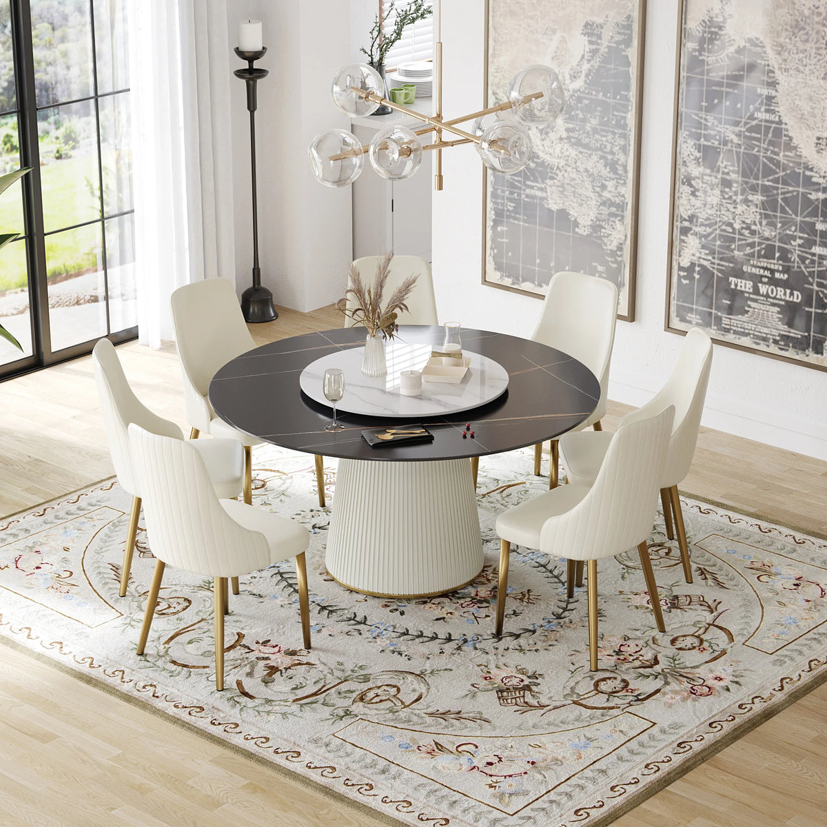 Marbella Sintered Stone Dining Table | 59" Matte Black Round With Lazy Susan Turntable