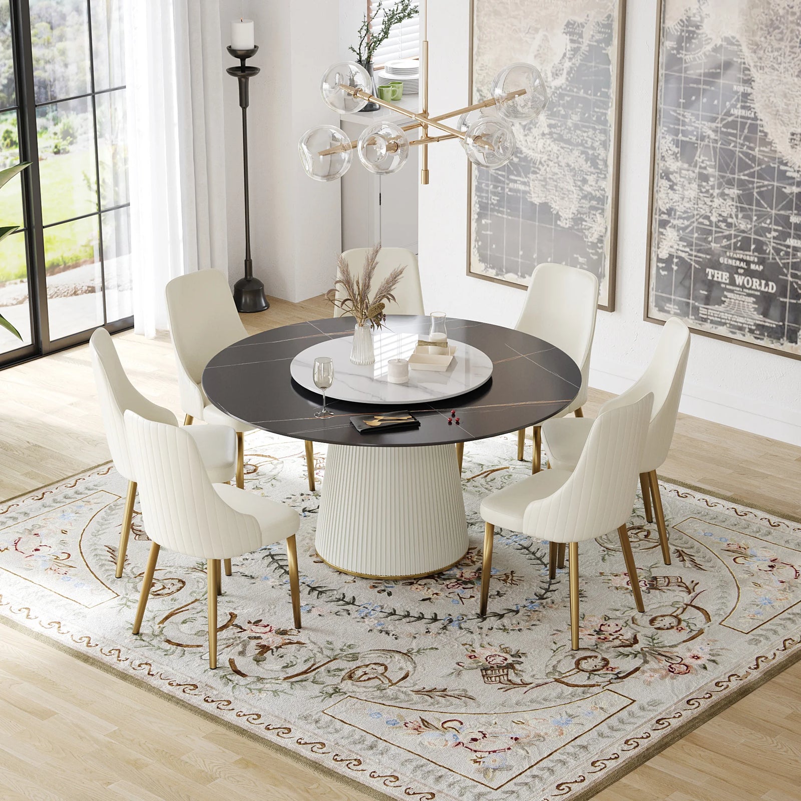 Mesa de comedor Marbella de piedra sinterizada | Redonda de 150 cm (59") en negro mate con plato giratorio Lazy Susan