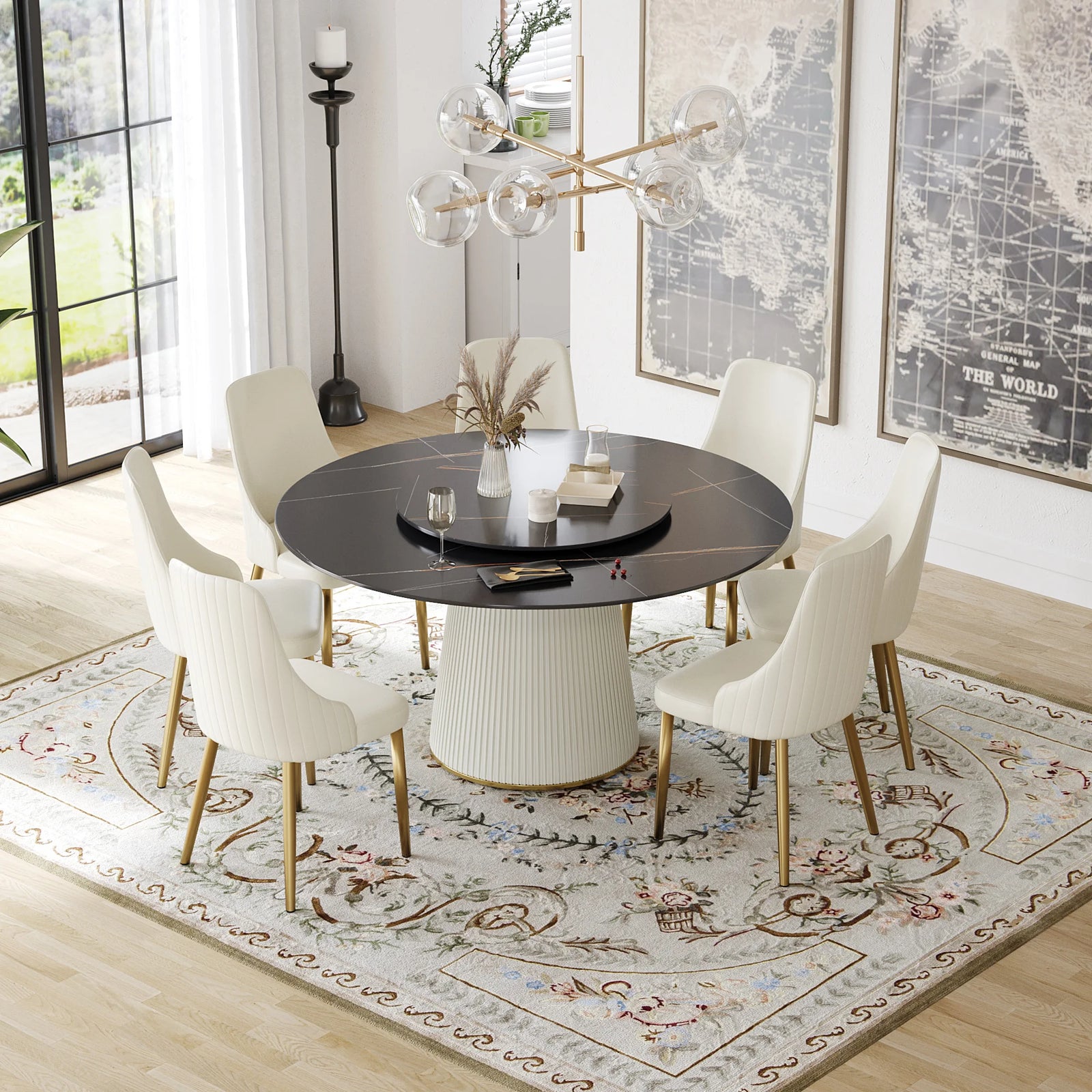 Marbella Sintered Stone Dining Table | 59" Matte Black Round With Lazy Susan Turntable