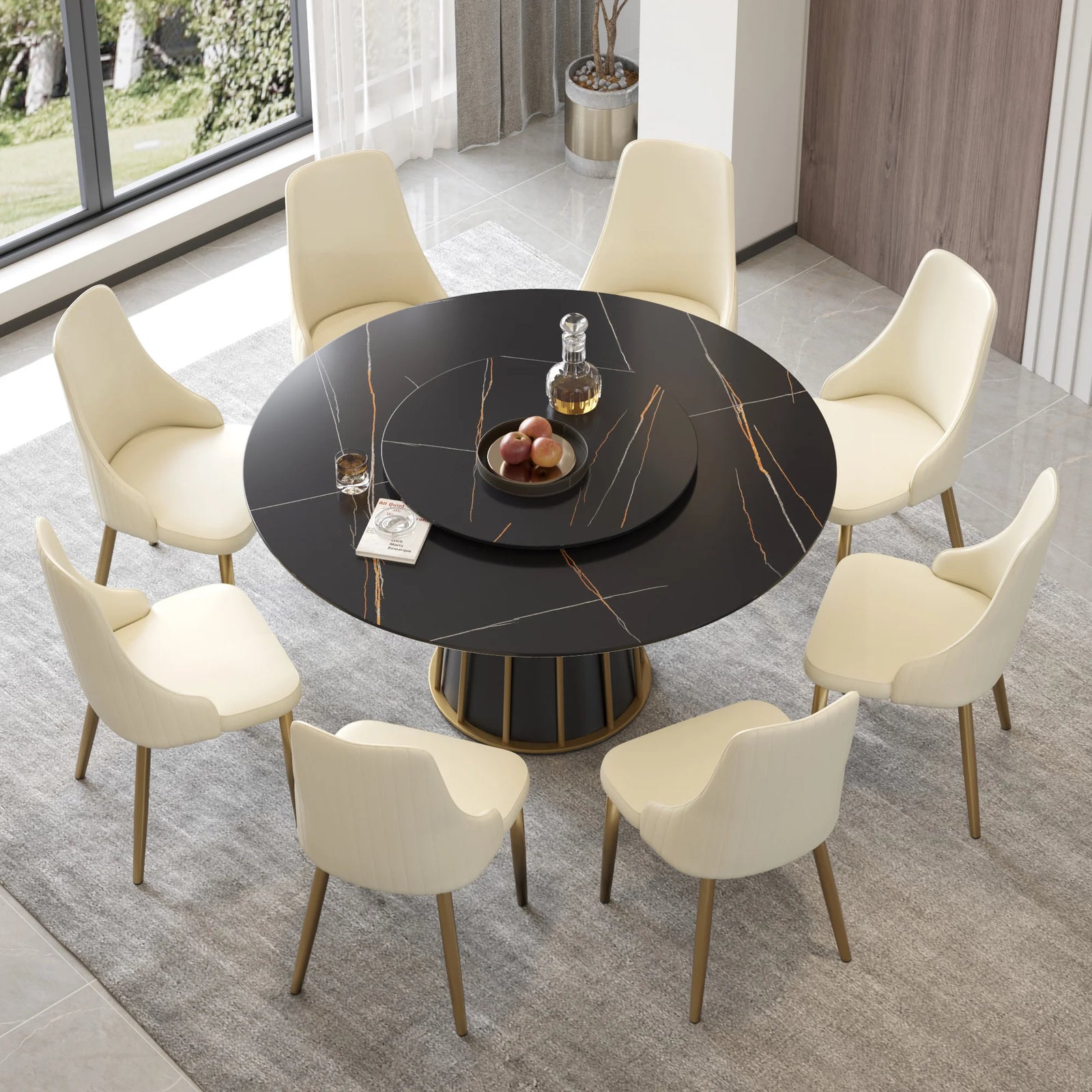 Marbella Sintered Stone Dining Table | 59" Matte Black Round With Lazy Susan Turntable