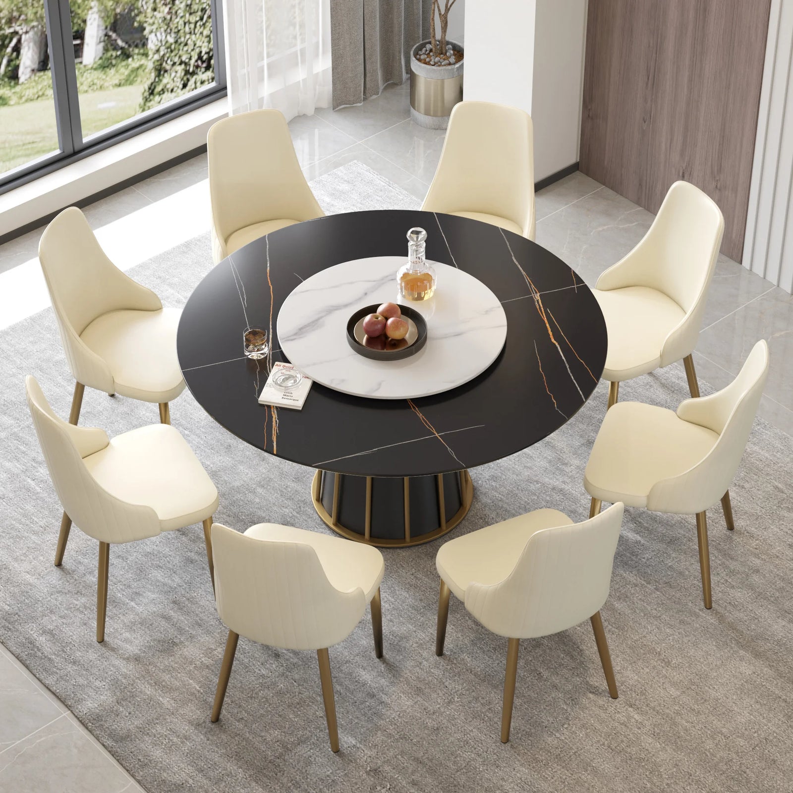 Mesa de comedor Marbella de piedra sinterizada | Redonda de 150 cm (59") en negro mate con plato giratorio Lazy Susan