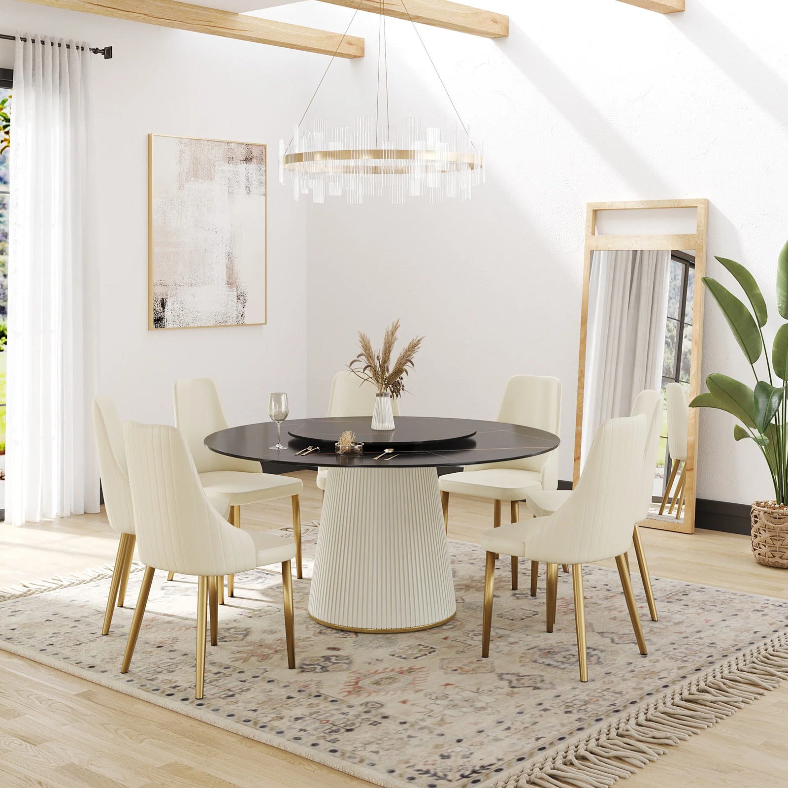 Marbella Sintered Stone Dining Table | 59" Matte Black Round With Lazy Susan Turntable