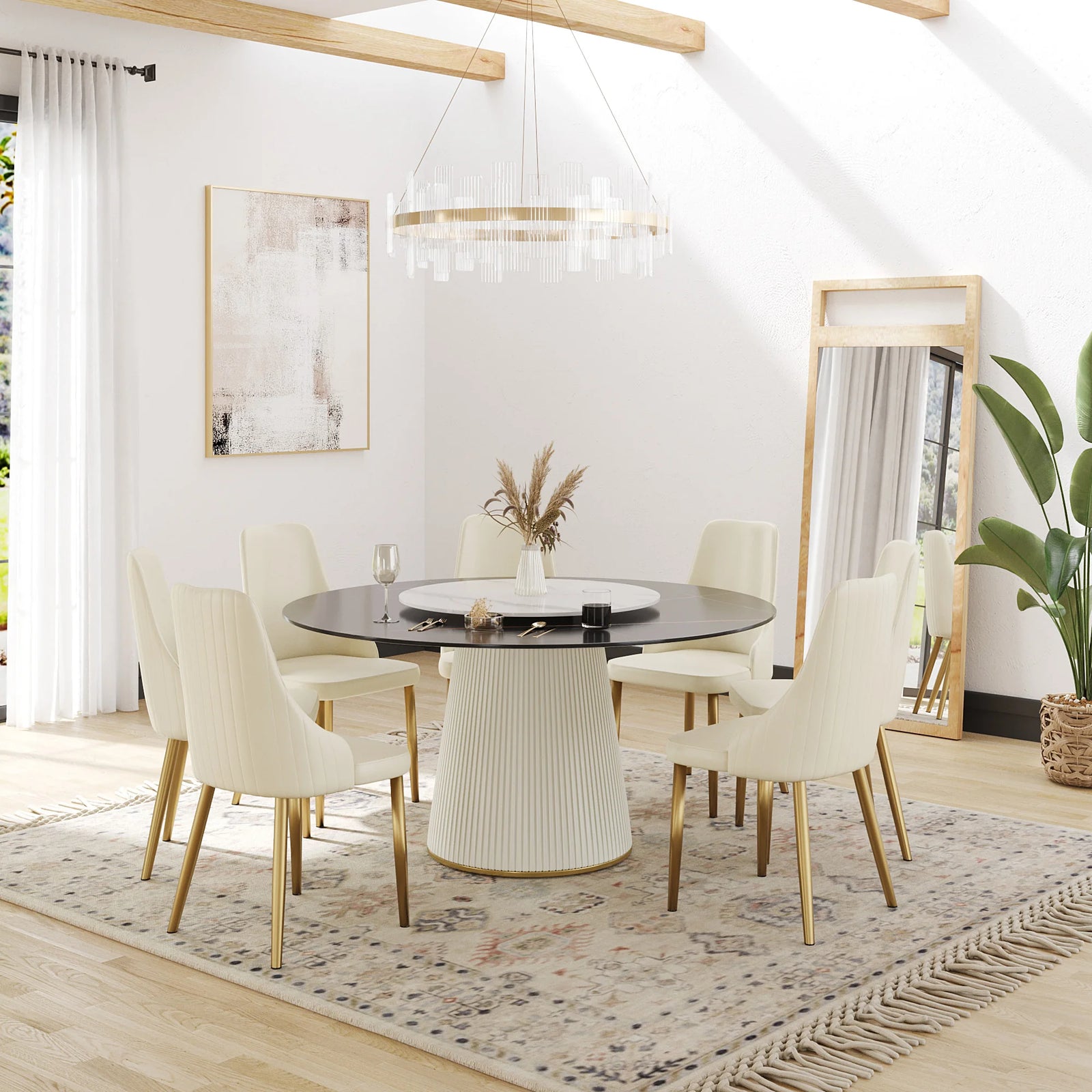 Mesa de comedor Marbella de piedra sinterizada | Redonda de 150 cm (59") en negro mate con plato giratorio Lazy Susan