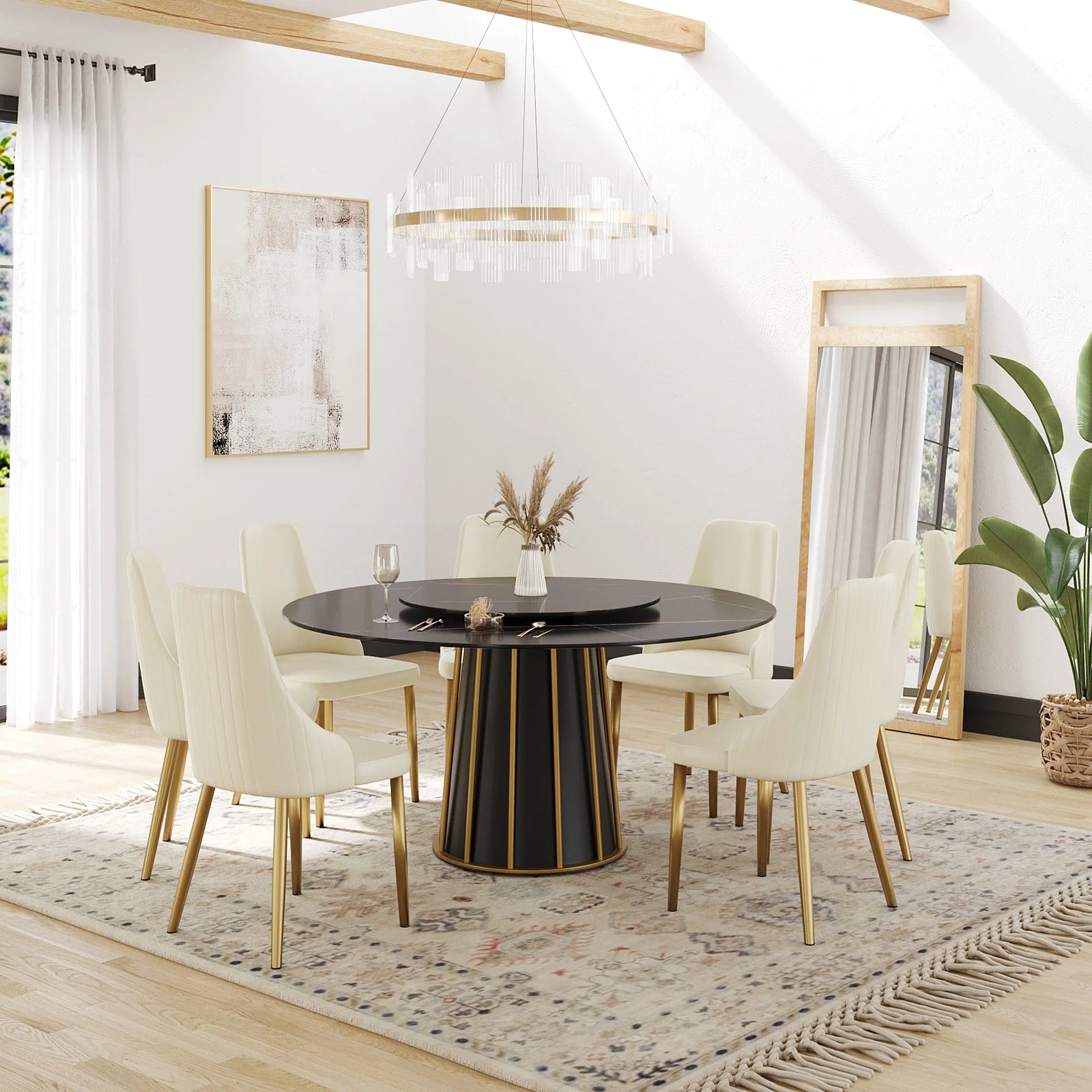 Marbella Sintered Stone Dining Table | 59" Matte Black Round With Lazy Susan Turntable