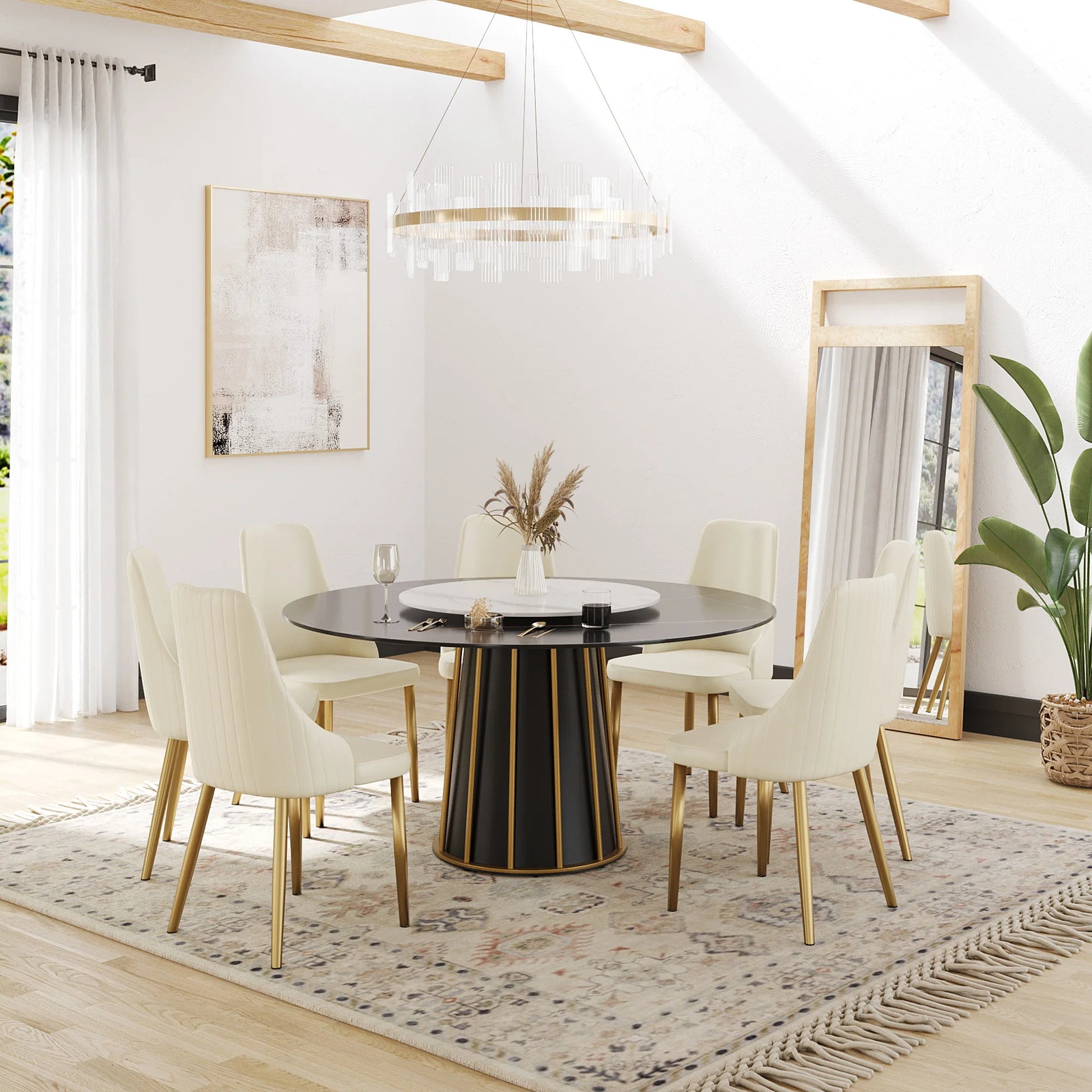 Mesa de comedor Marbella de piedra sinterizada | Redonda de 150 cm (59") en negro mate con plato giratorio Lazy Susan