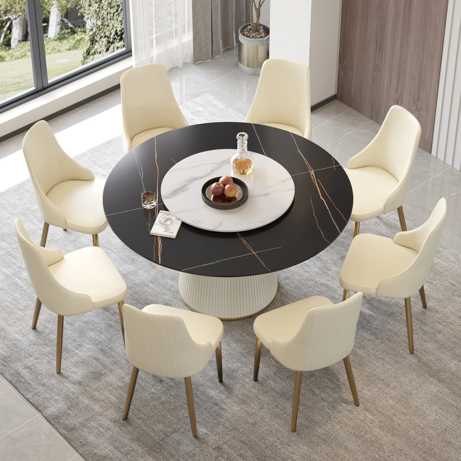 Mesa de comedor Marbella de piedra sinterizada | Redonda de 150 cm (59") en negro mate con plato giratorio Lazy Susan