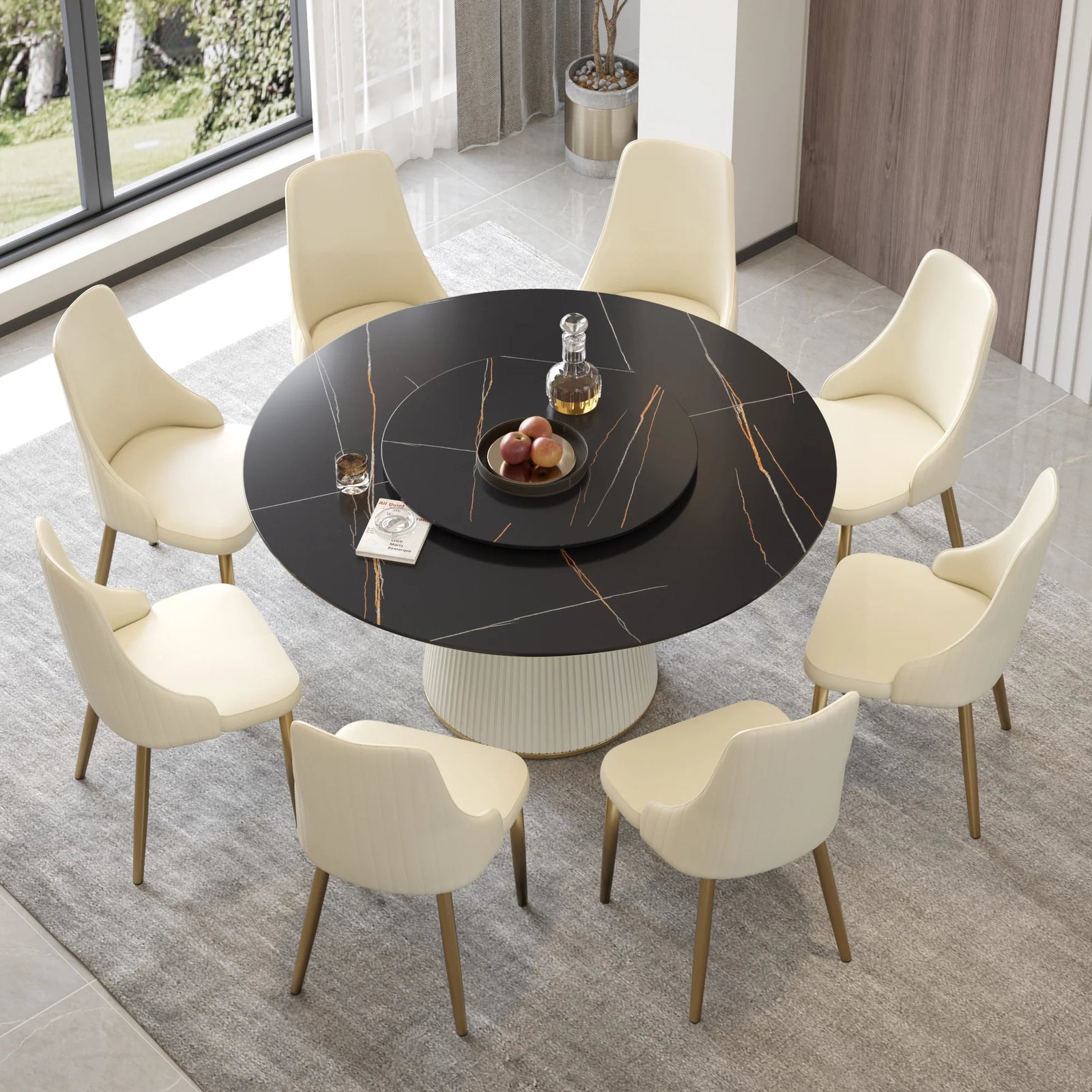 Marbella Sintered Stone Dining Table | 59" Matte Black Round With Lazy Susan Turntable