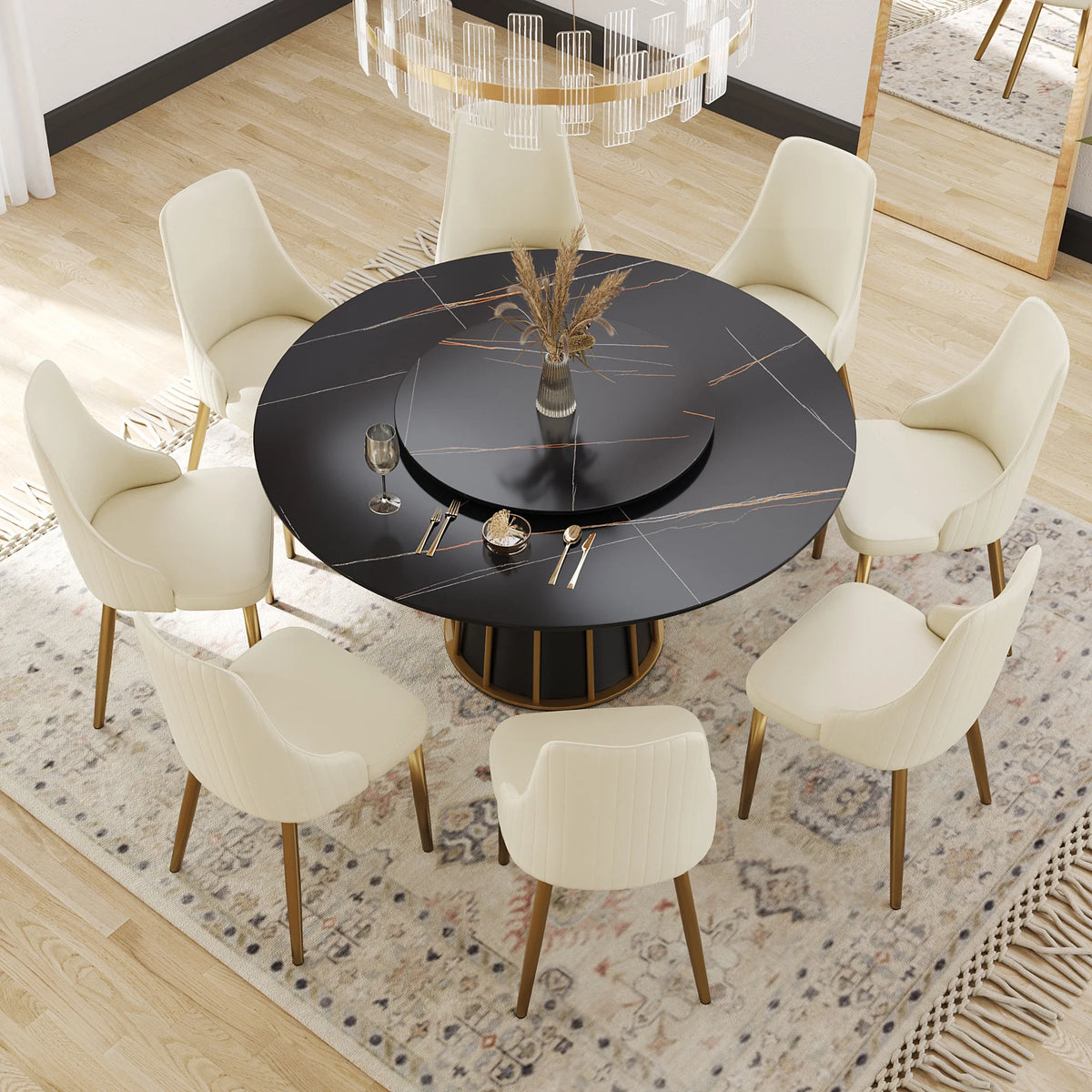 Marbella Sintered Stone Dining Table | 59" Matte Black Round With Lazy Susan Turntable