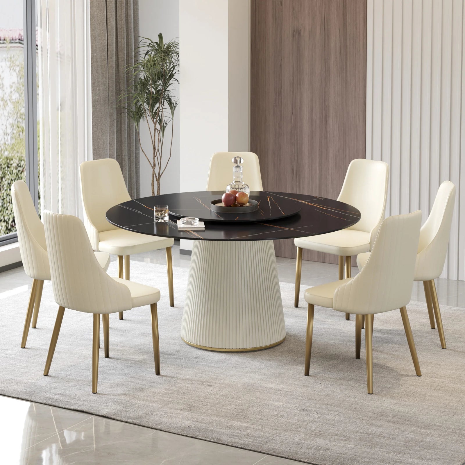 Marbella Sintered Stone Dining Table | 59" Matte Black Round With Lazy Susan Turntable