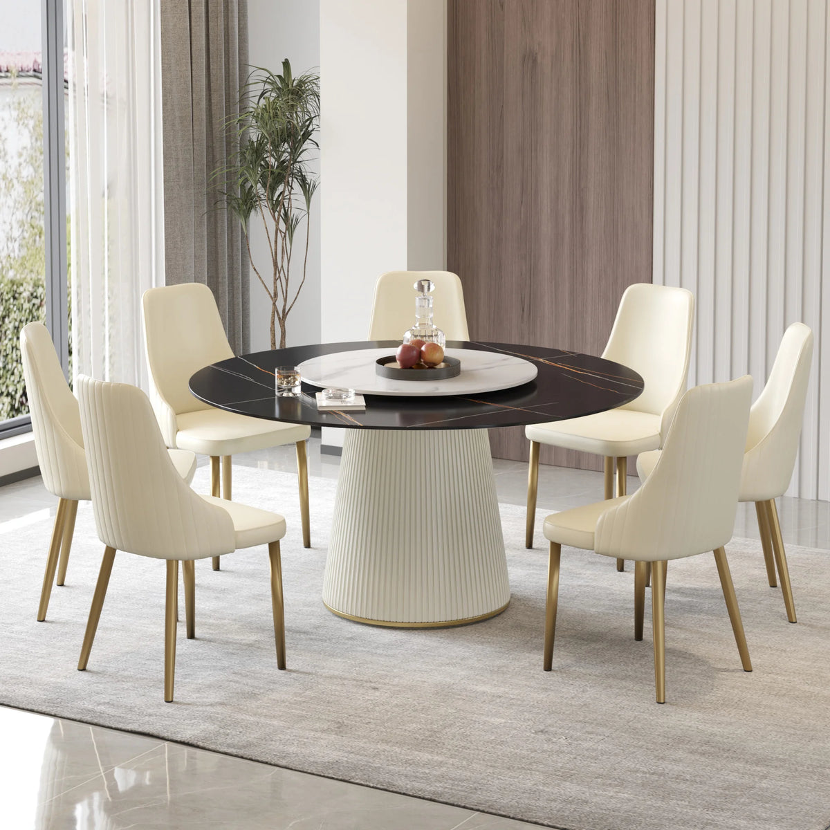 Marbella Sintered Stone Dining Table | 59" Matte Black Round With Lazy Susan Turntable