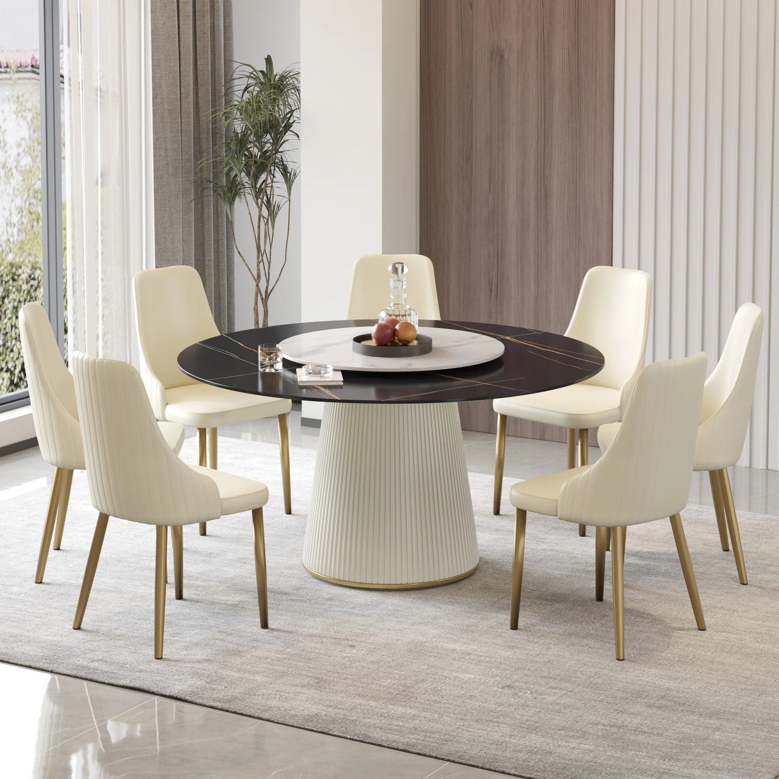 Mesa de comedor Marbella de piedra sinterizada | Redonda de 150 cm (59") en negro mate con plato giratorio Lazy Susan