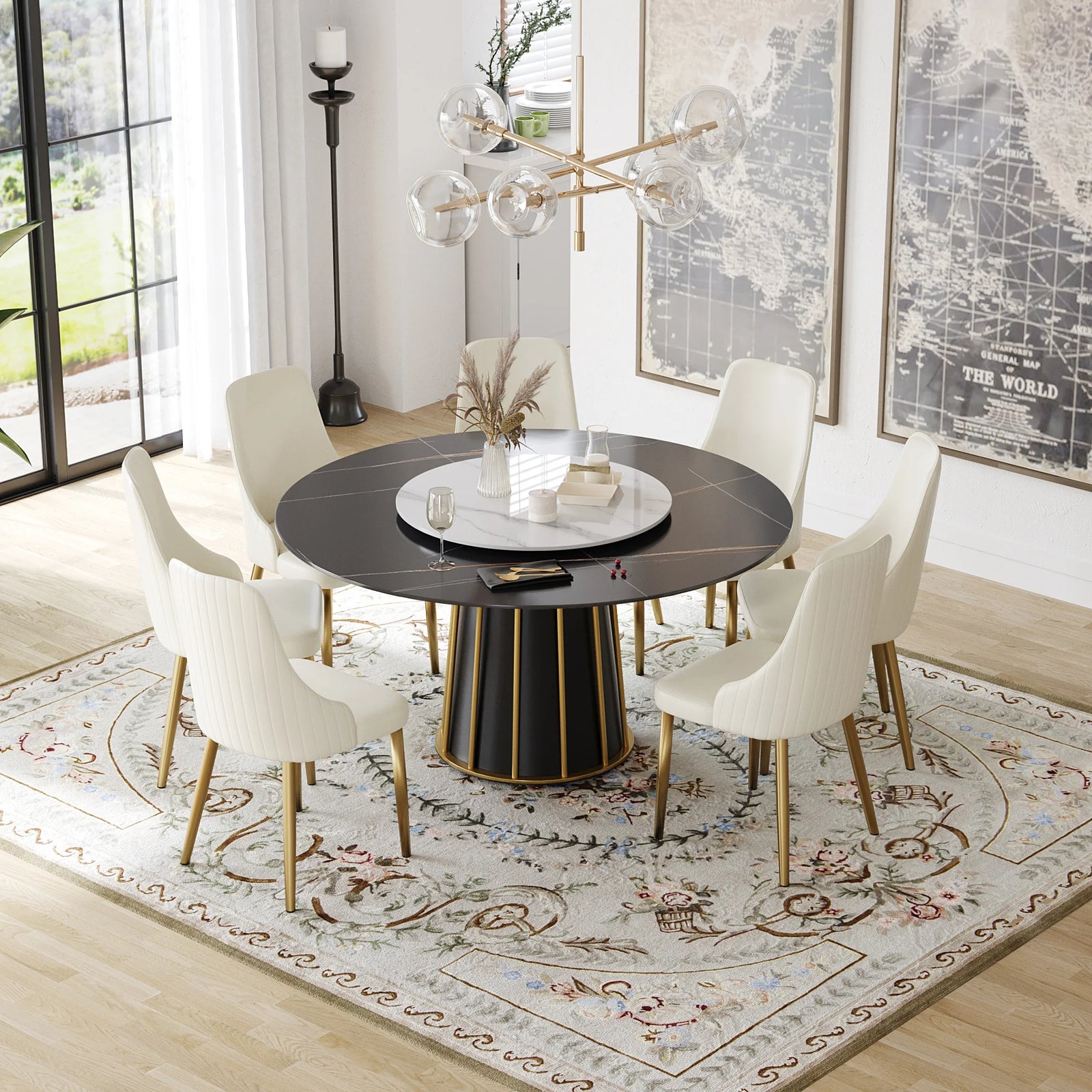 Mesa de comedor Marbella de piedra sinterizada | Redonda de 150 cm (59") en negro mate con plato giratorio Lazy Susan