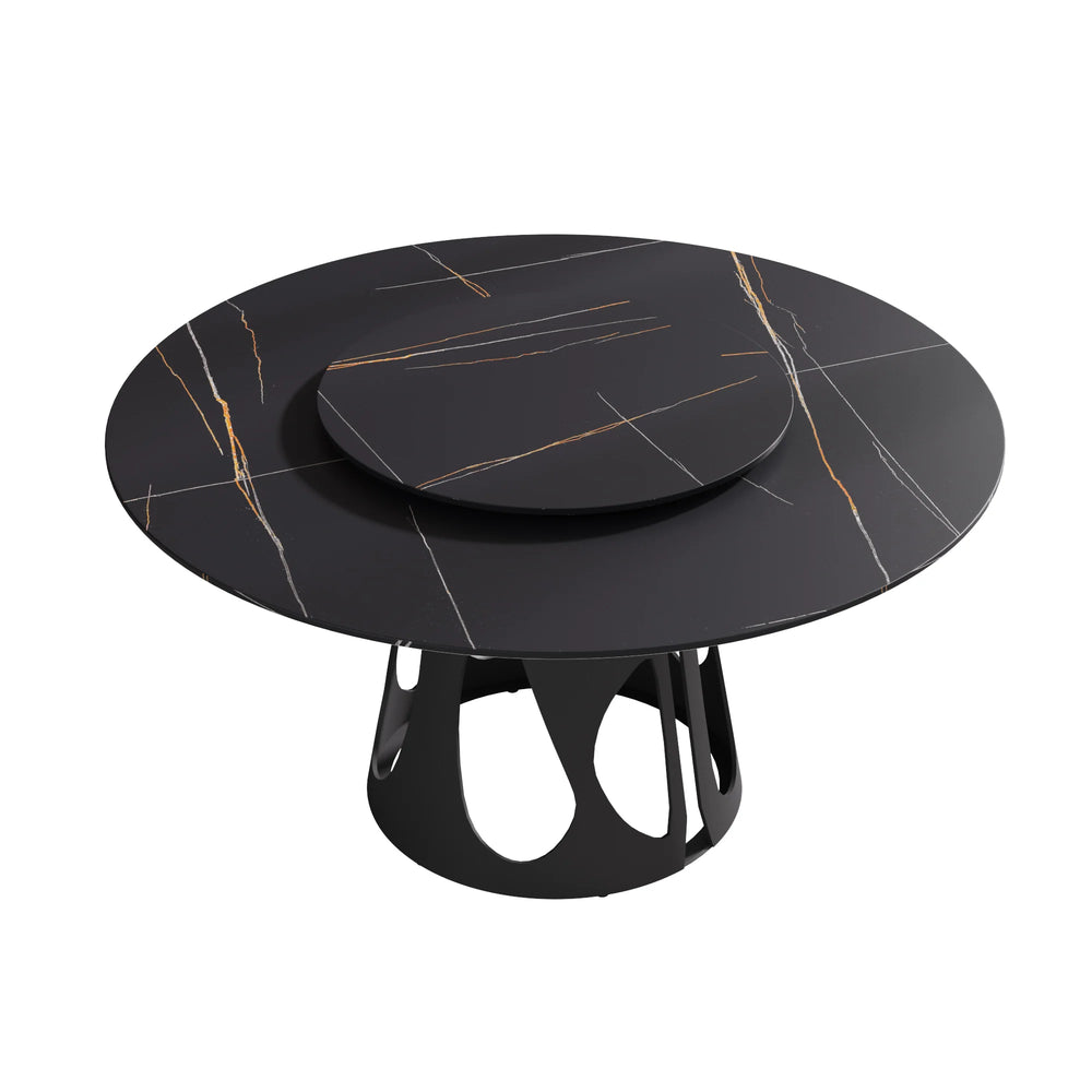 Marbella Sintered Stone Dining Table | 59" Matte Black Round With Lazy Susan Turntable