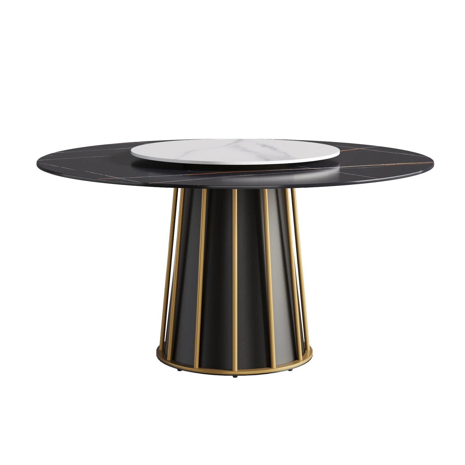 Mesa de comedor Marbella de piedra sinterizada | Redonda de 150 cm (59") en negro mate con plato giratorio Lazy Susan