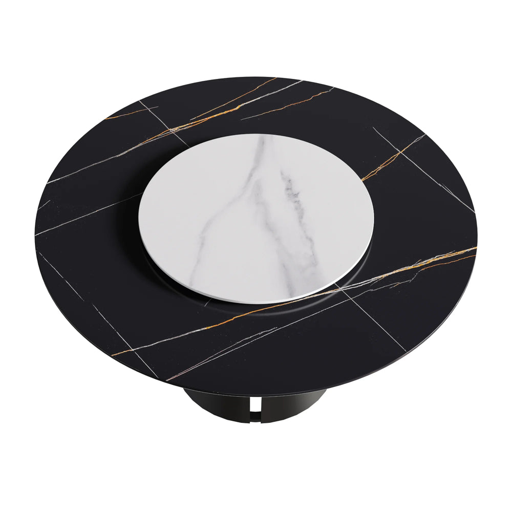Marbella Sintered Stone Dining Table | 59" Matte Black Round With Lazy Susan Turntable