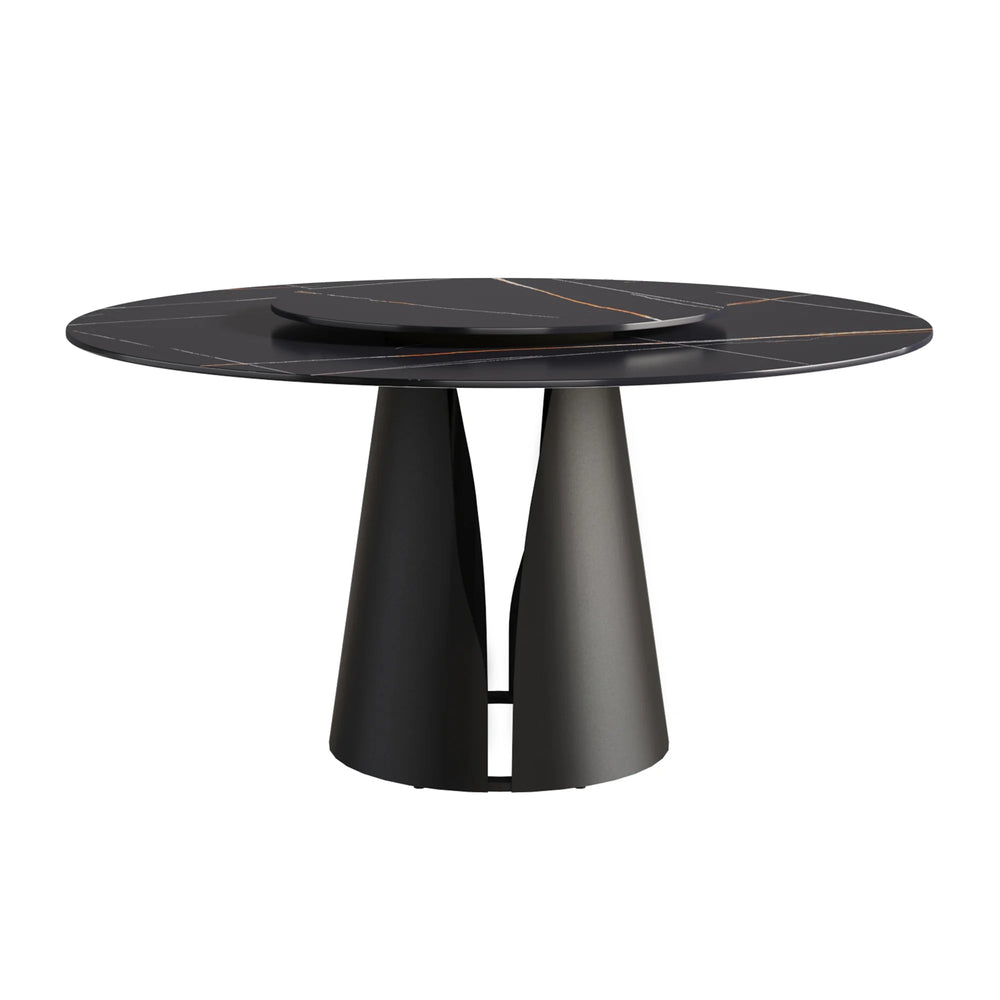Marbella Sintered Stone Dining Table | 59" Matte Black Round With Lazy Susan Turntable