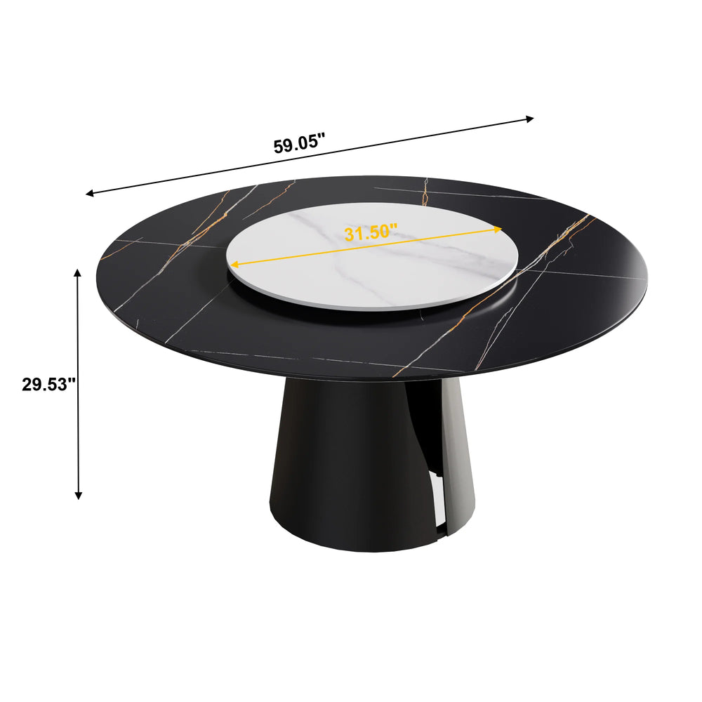 Marbella Sintered Stone Dining Table | 59" Matte Black Round With Lazy Susan Turntable