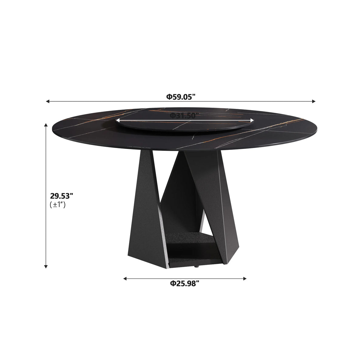 Marbella Sintered Stone Dining Table | 59" Matte Black Round With Lazy Susan Turntable