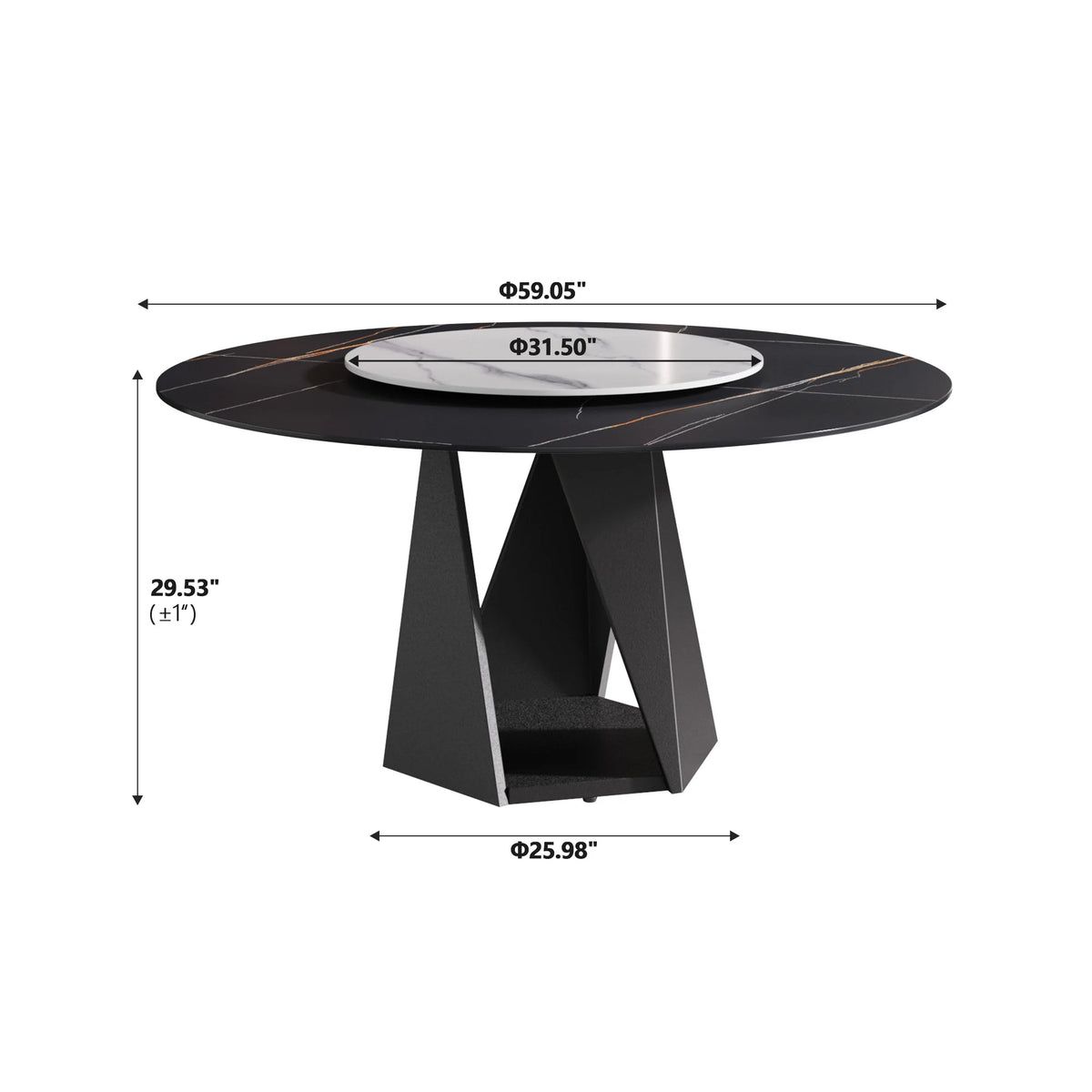 Marbella Sintered Stone Dining Table | 59" Matte Black Round With Lazy Susan Turntable