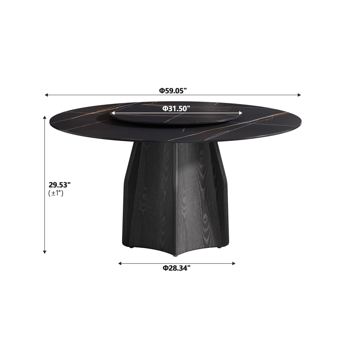 Marbella Sintered Stone Dining Table | 59" Matte Black Round With Lazy Susan Turntable