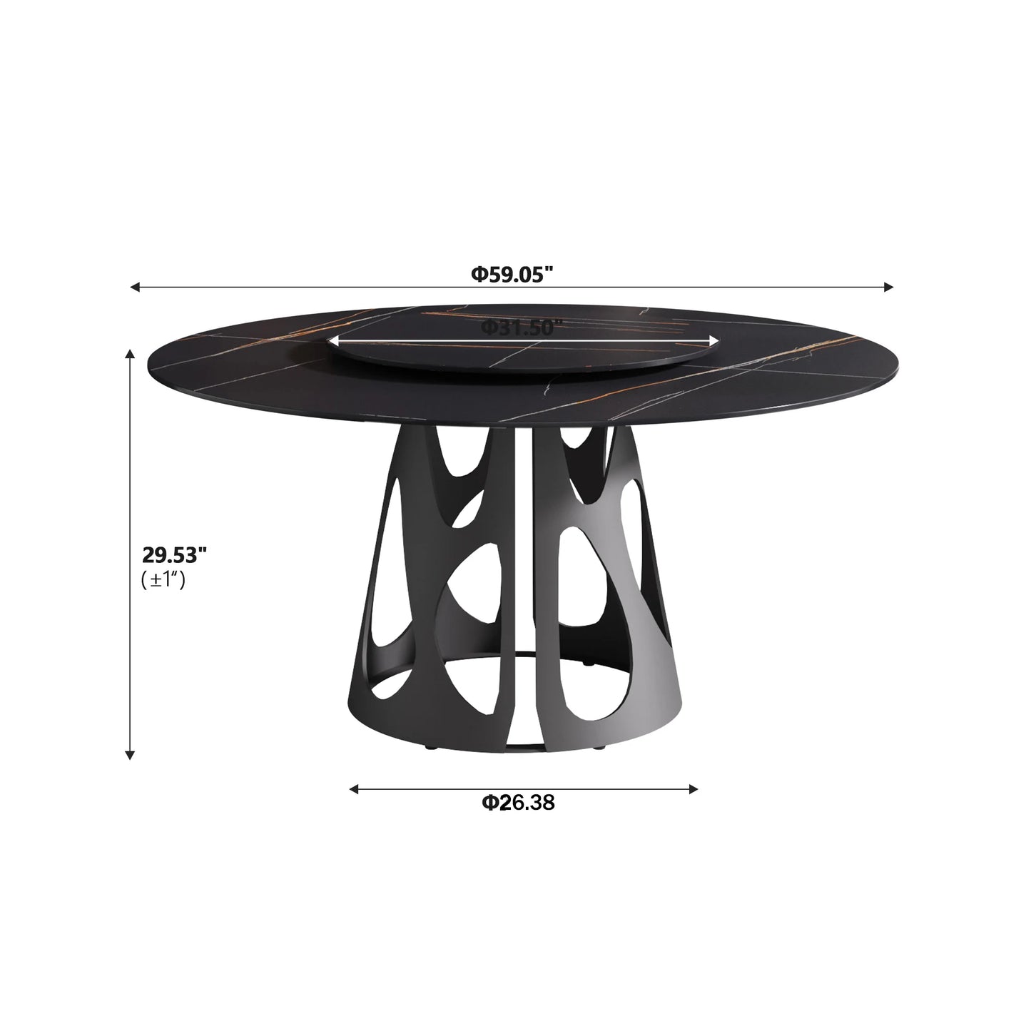 Marbella Sintered Stone Dining Table | 59" Matte Black Round With Lazy Susan Turntable