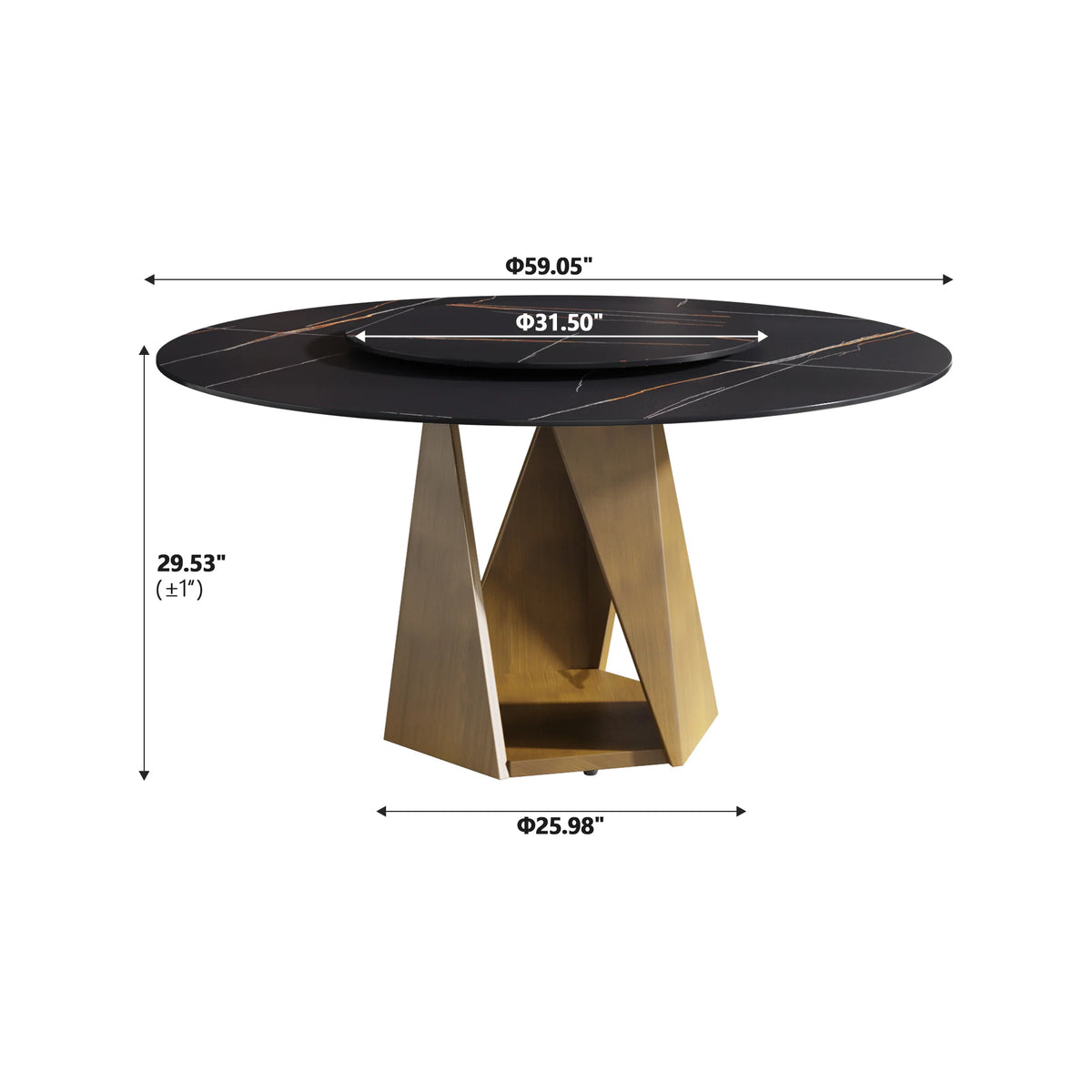 Mesa de comedor Marbella de piedra sinterizada | Redonda de 150 cm (59") en negro mate con plato giratorio Lazy Susan
