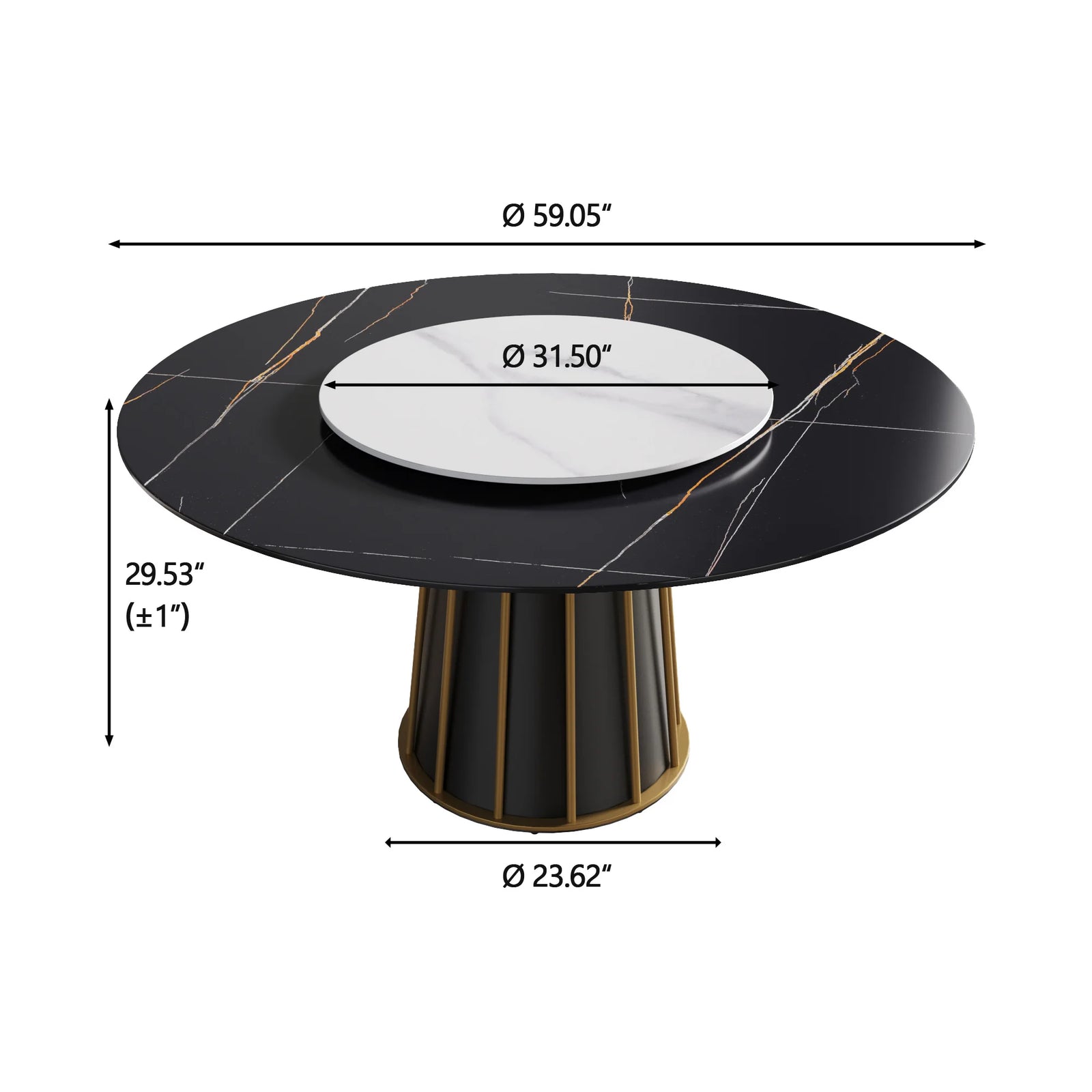 Mesa de comedor Marbella de piedra sinterizada | Redonda de 150 cm (59") en negro mate con plato giratorio Lazy Susan